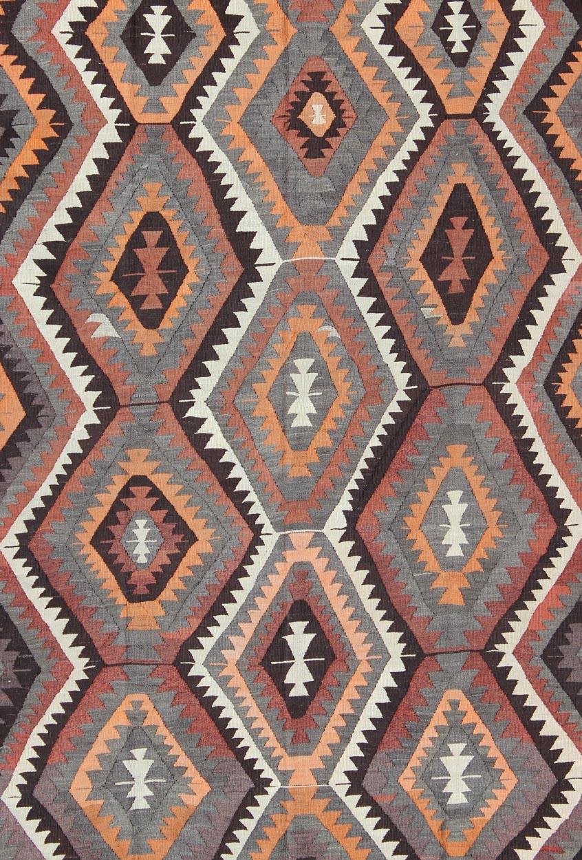 Hand-Woven Bold Design and Geometric Design Turkish Flat Weave Kilim Rug