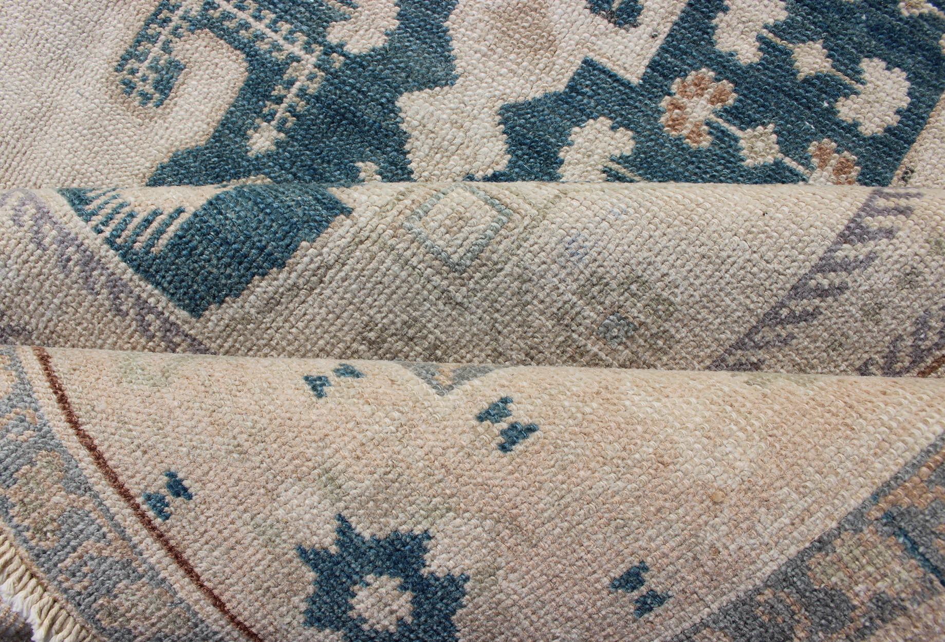 Wool Bold Design Blue and Cream Turkish Oushak with Stretched Medallion