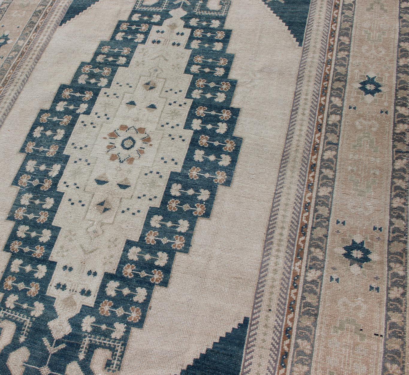 Bold Design Blue and Cream Turkish Oushak with Stretched Medallion 2