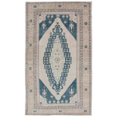 Vintage Bold Design Blue and Cream Turkish Oushak with Stretched Medallion