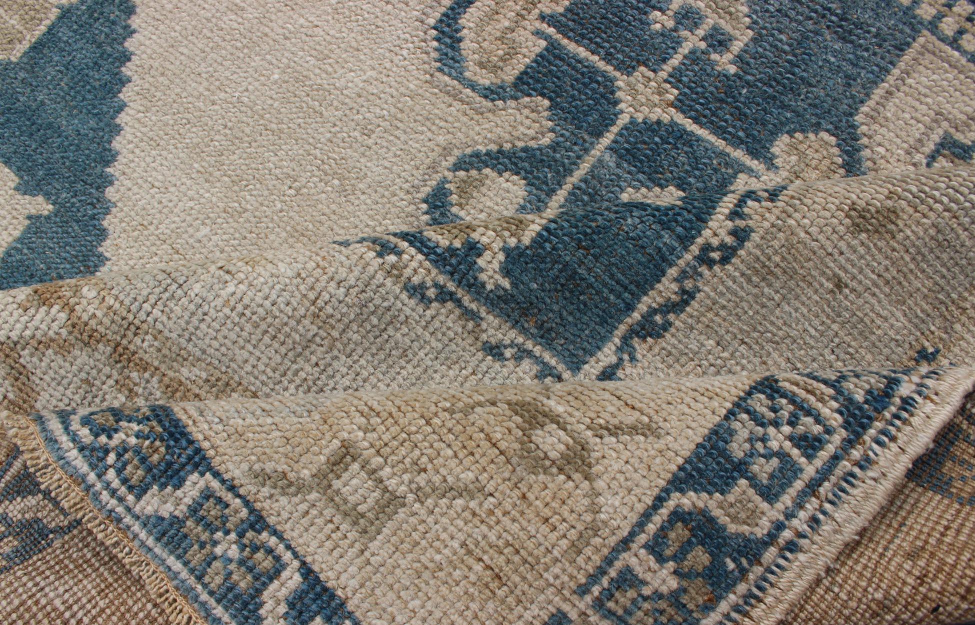 Bold Design Blue,  Brown, Tan, Turkish Oushak with Stretched Medallion 4