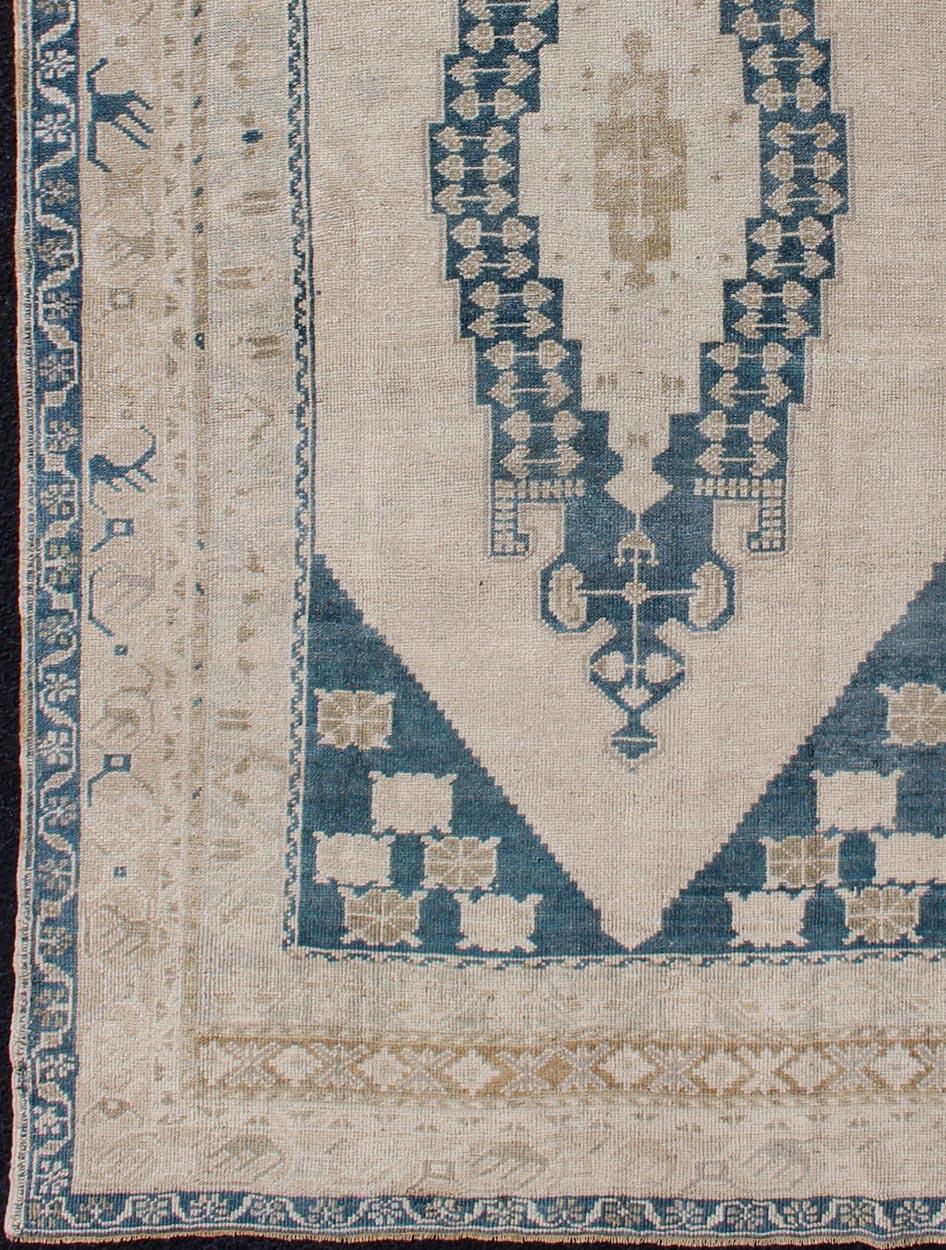 Hand-Knotted Bold Design Blue,  Brown, Tan, Turkish Oushak with Stretched Medallion