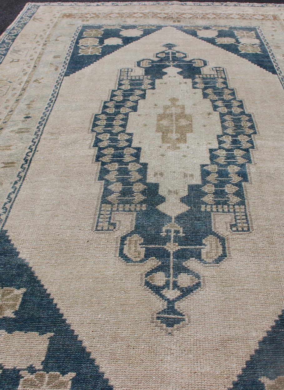 Wool Bold Design Blue,  Brown, Tan, Turkish Oushak with Stretched Medallion