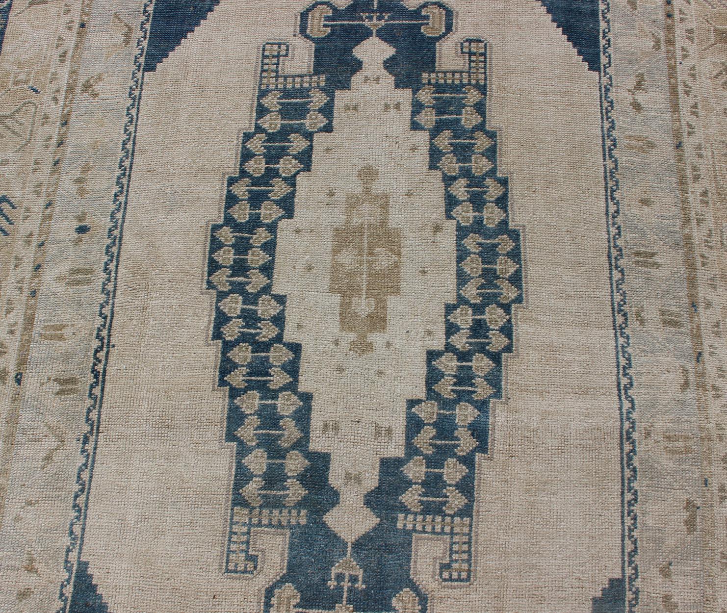 Bold Design Blue,  Brown, Tan, Turkish Oushak with Stretched Medallion 1