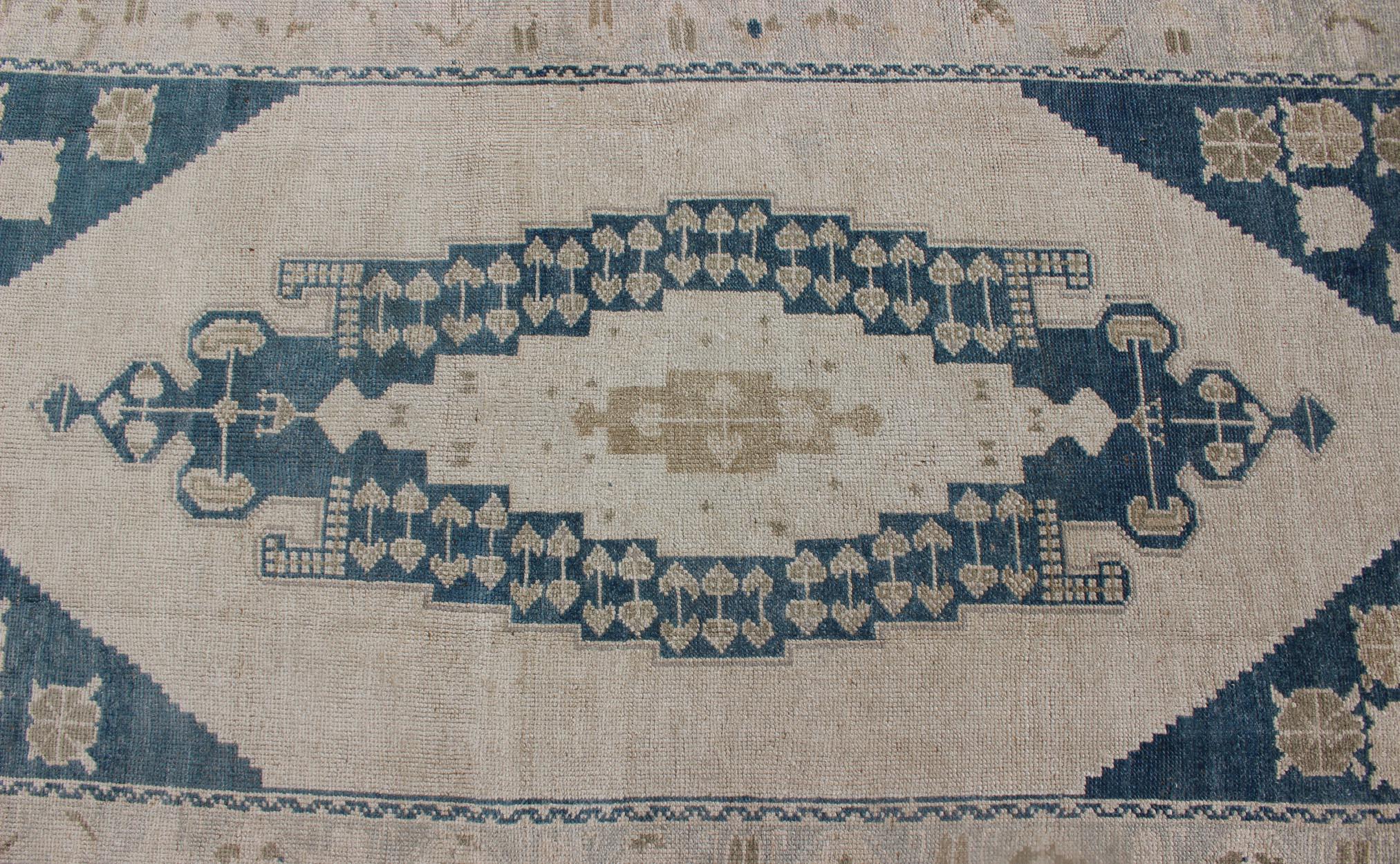 Bold Design Blue,  Brown, Tan, Turkish Oushak with Stretched Medallion 2