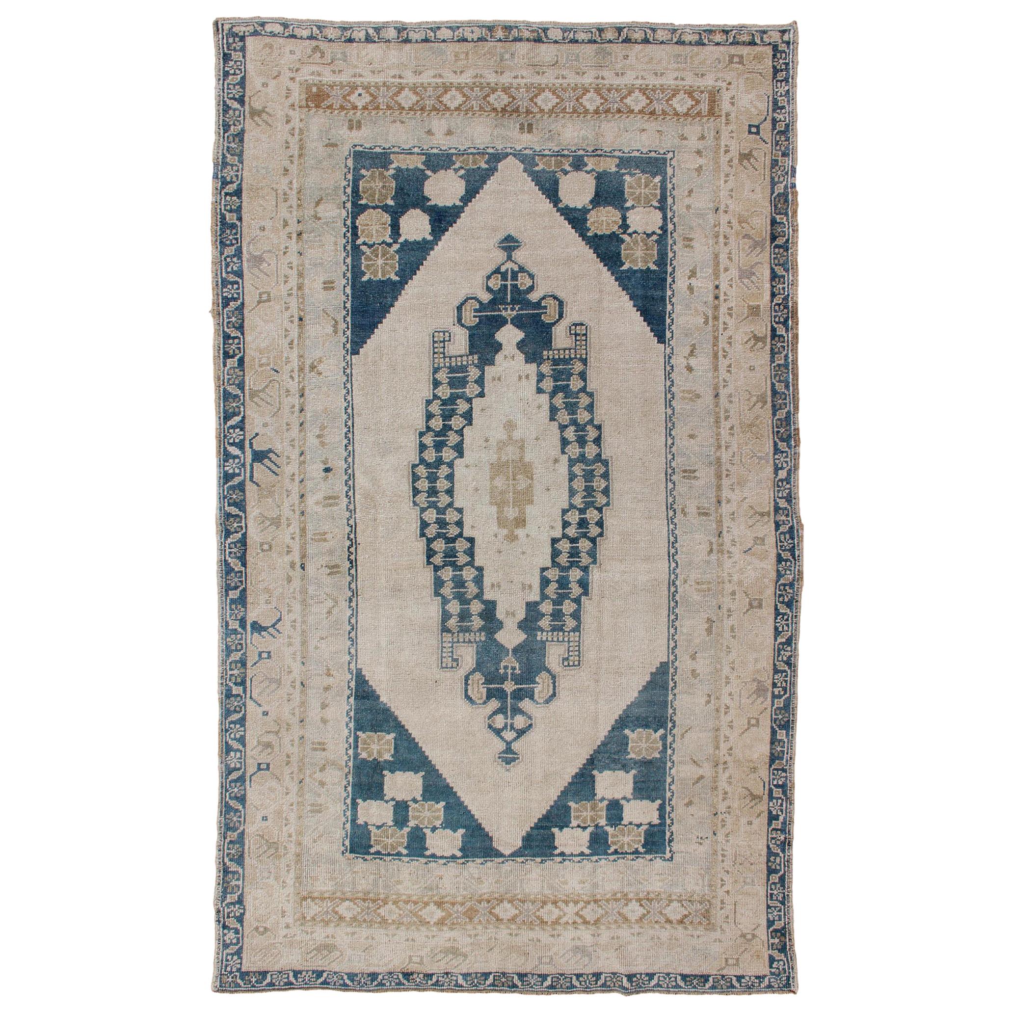 Bold Design Blue,  Brown, Tan, Turkish Oushak with Stretched Medallion