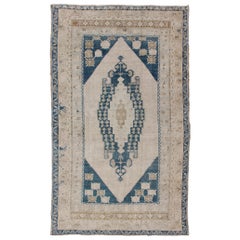 Bold Design Blue,  Brown, Tan, Turkish Oushak with Stretched Medallion