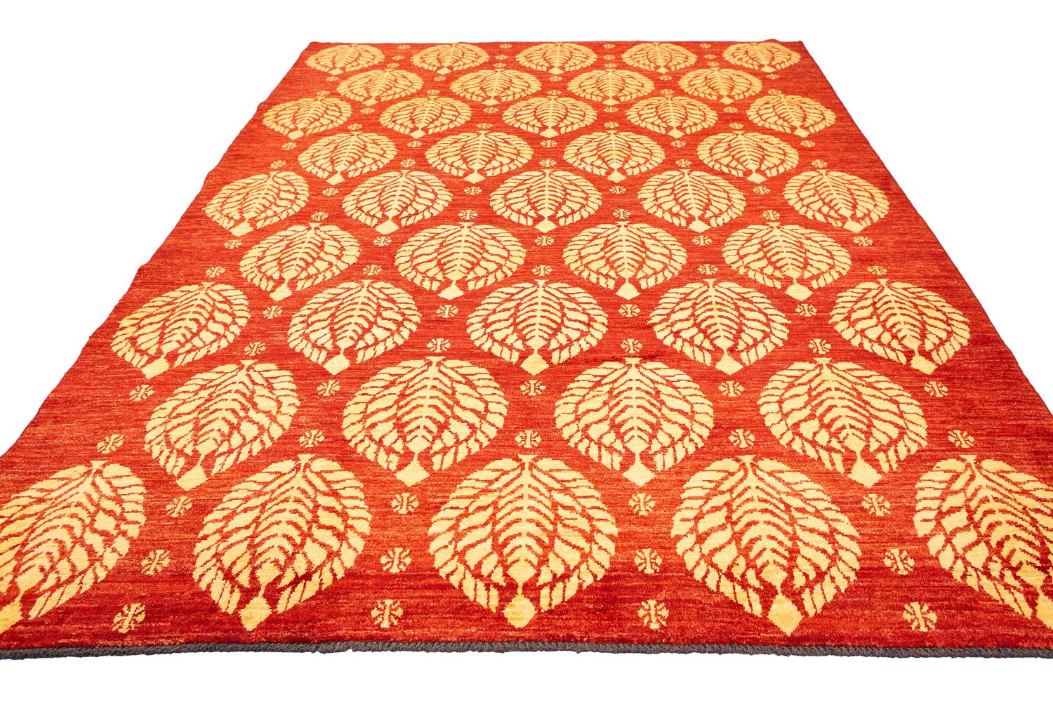 Pakistani Bold Design Hand-Knotted Vintage Red Field Etno Yadan Rug, XXI Century For Sale