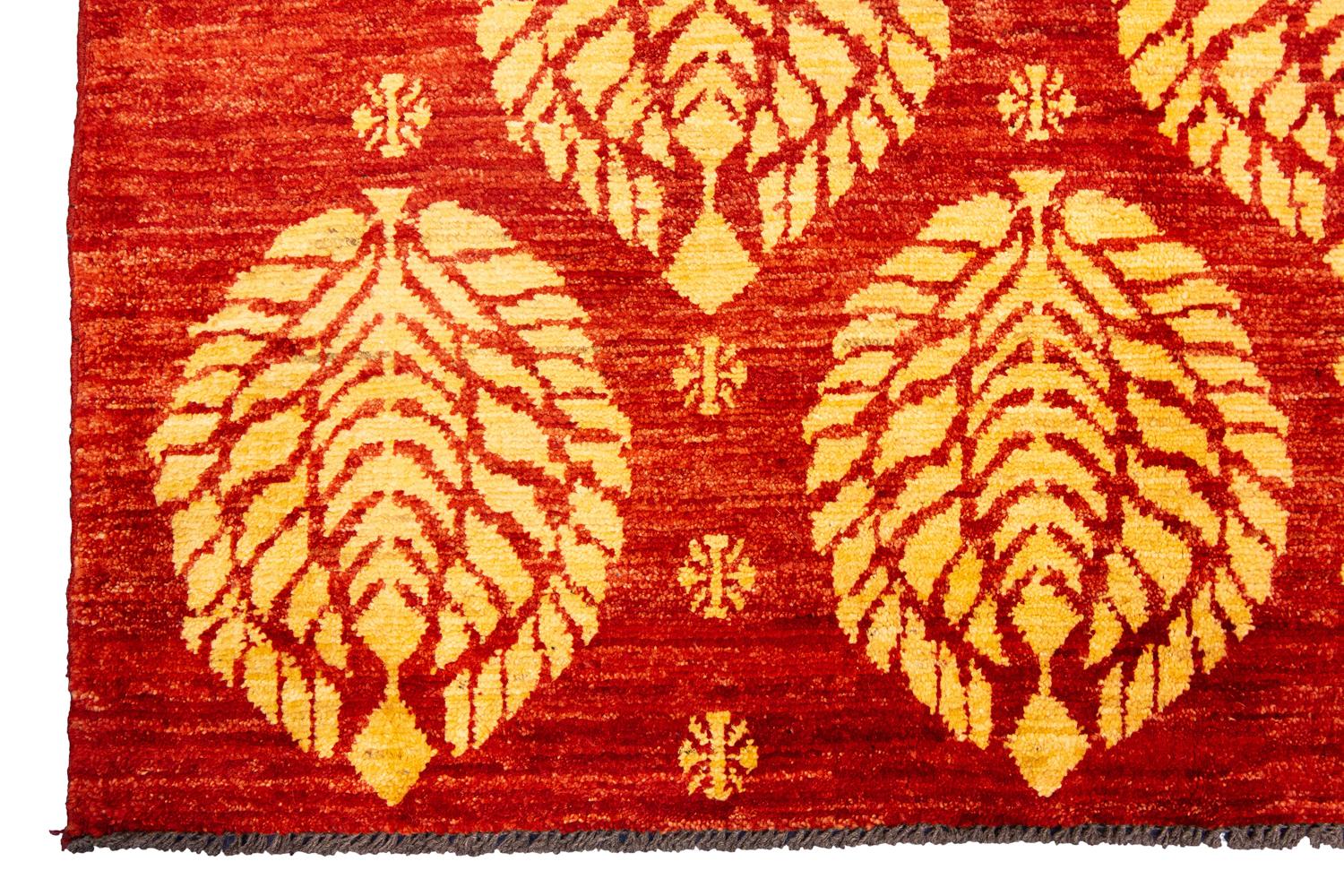 Wool Bold Design Hand-Knotted Vintage Red Field Etno Yadan Rug, XXI Century For Sale