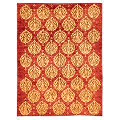 Bold Design Hand-Knotted Vintage Red Field Etno Yadan Rug, XXI Century
