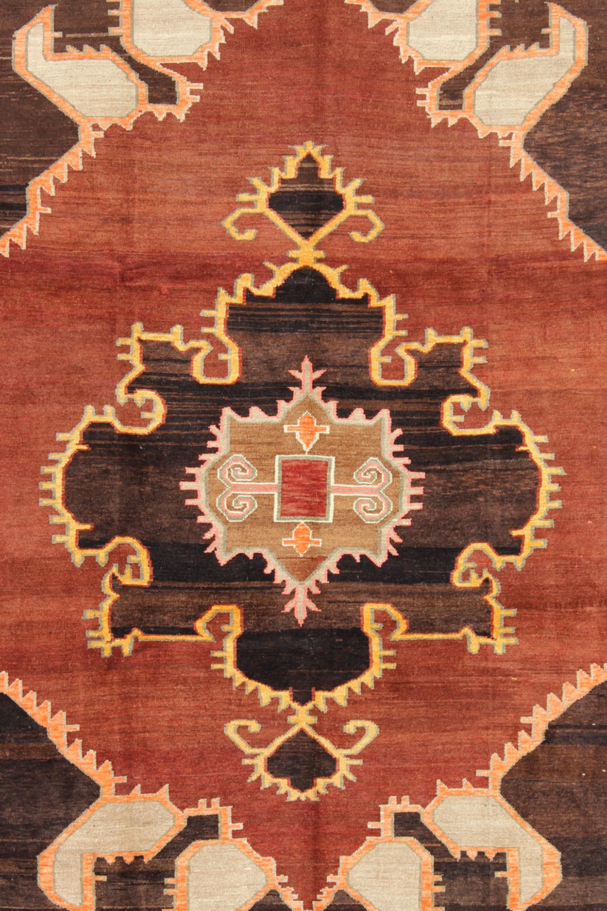 Bold Design Vintage Turkish Rug in Sienna, Brown, Black, Cream and Yellow In Excellent Condition For Sale In Atlanta, GA