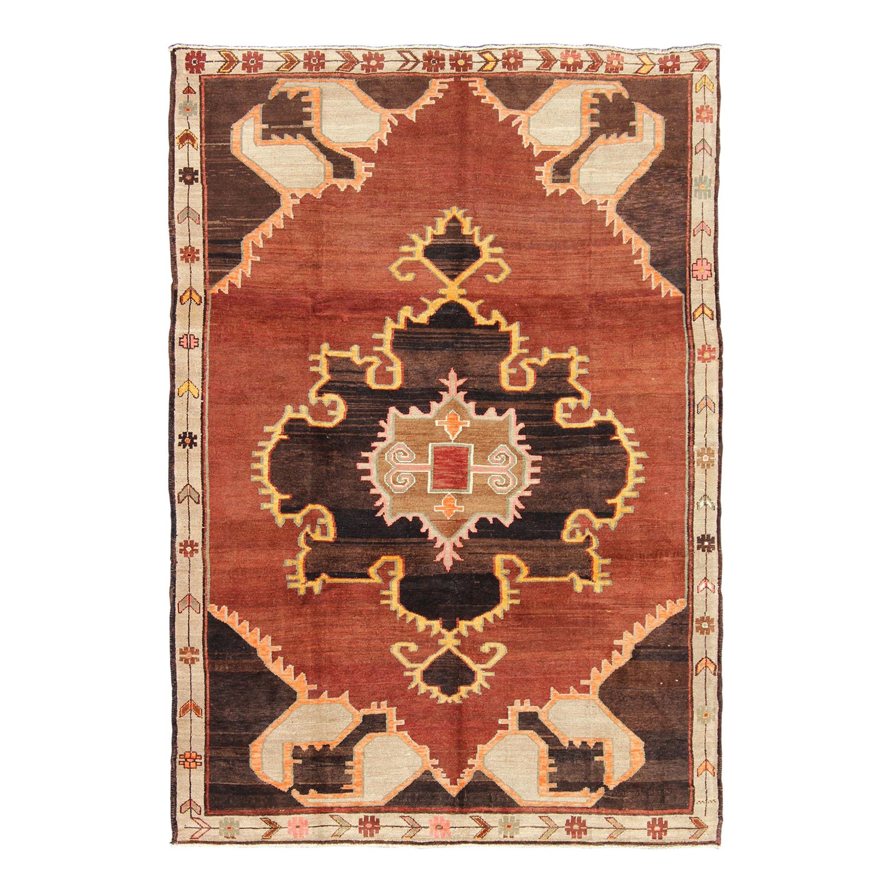 Bold Design Vintage Turkish Rug in Sienna, Brown, Black, Cream and Yellow For Sale