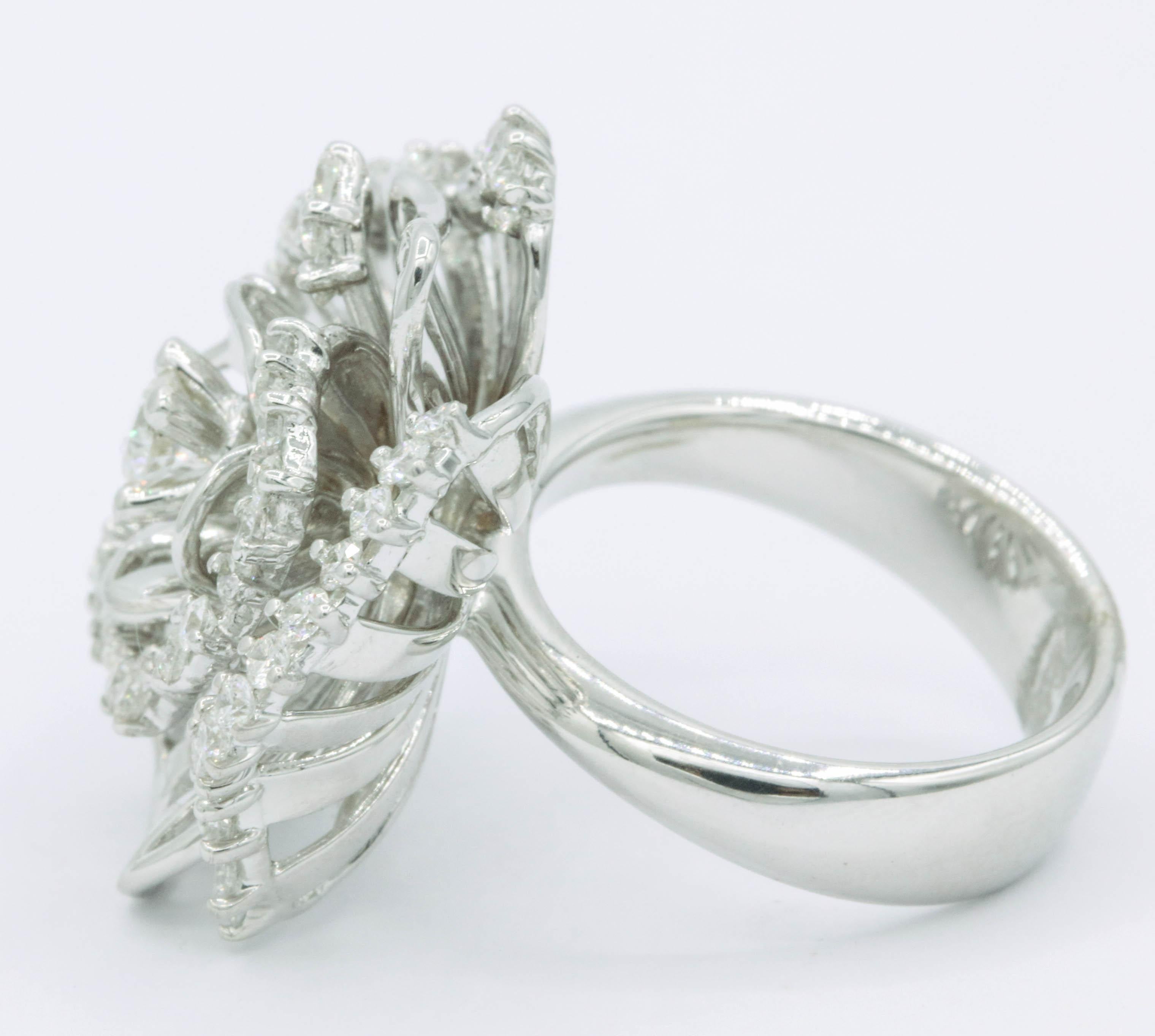 Contemporary Italian Diamond & White Sapphire Floral Ring 1.84 Carats 18K White Gold