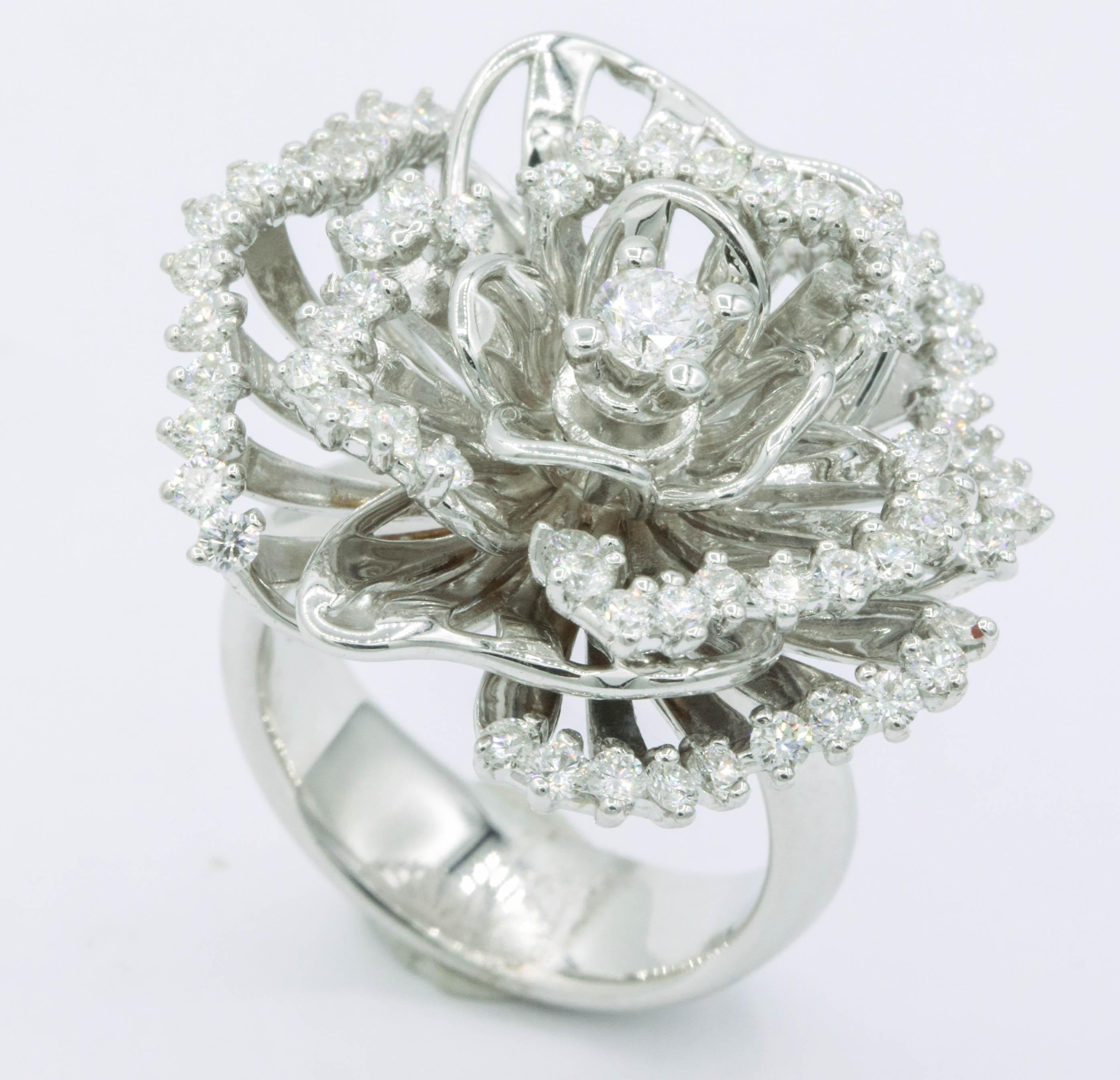 Italian Diamond & White Sapphire Floral Ring 1.84 Carats 18K White Gold In New Condition In New York, NY