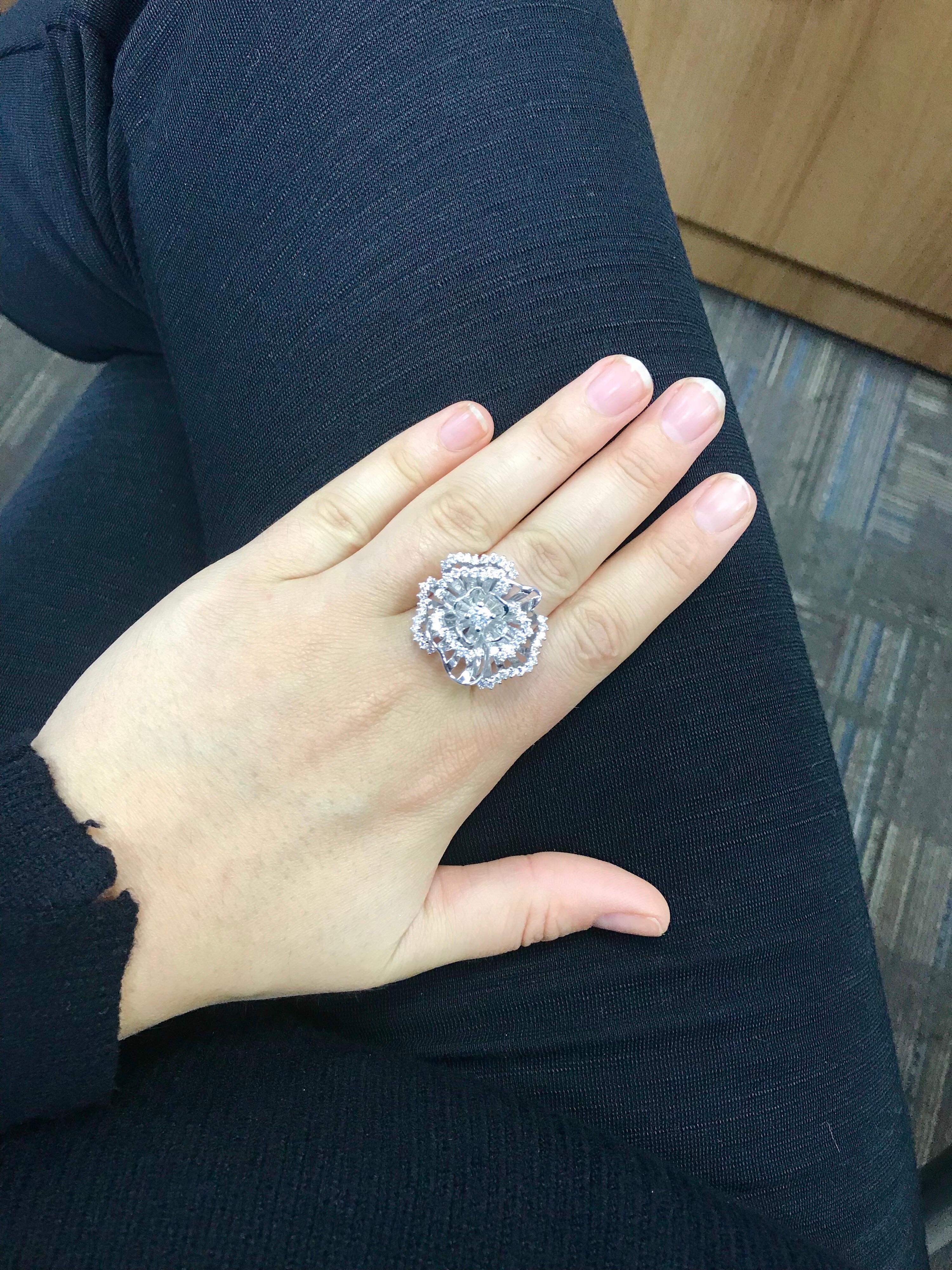 Italian Diamond & White Sapphire Floral Ring 1.84 Carats 18K White Gold 1