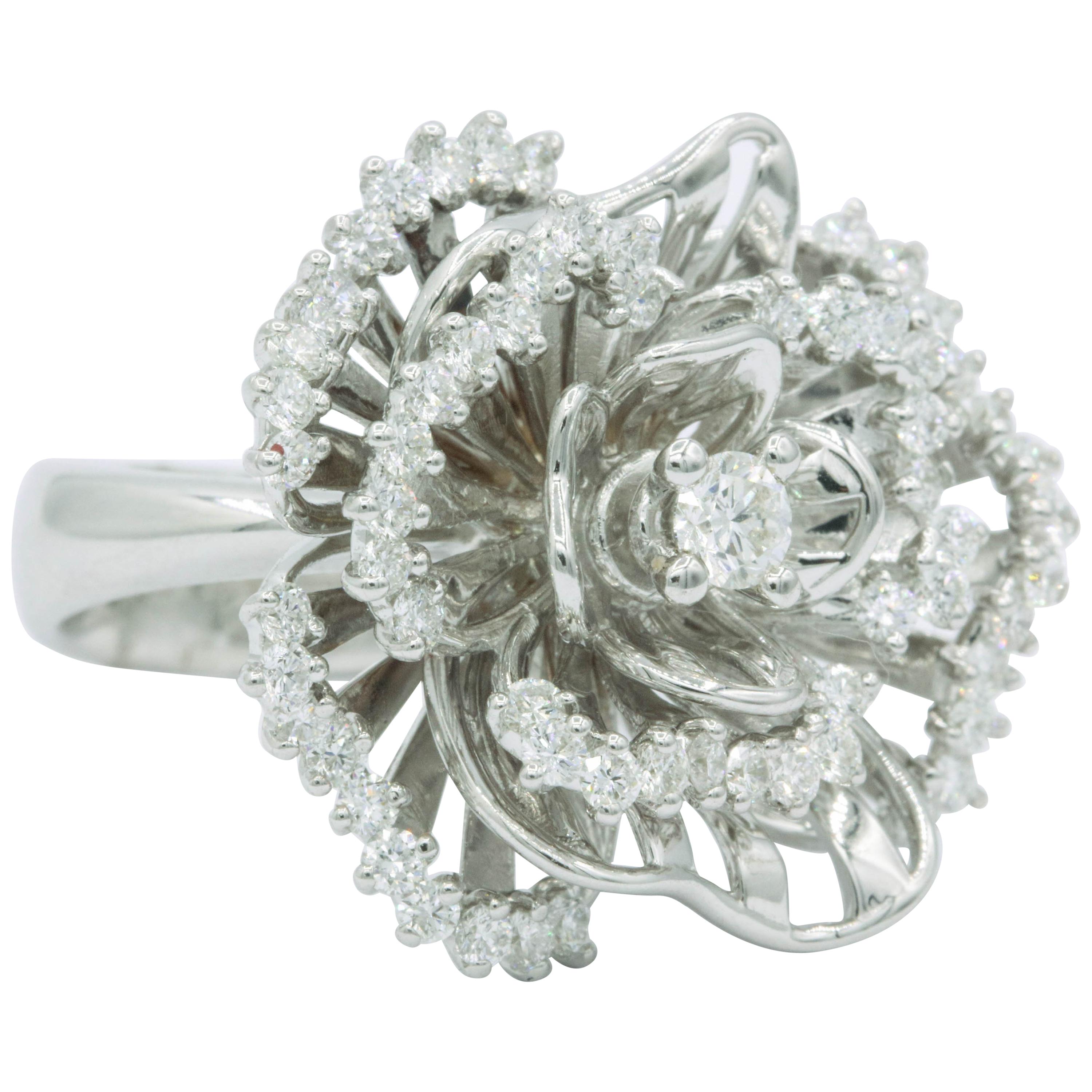 Italian Diamond & White Sapphire Floral Ring 1.84 Carats 18K White Gold