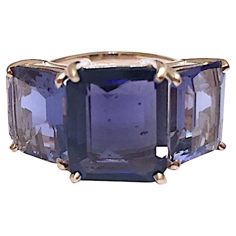 Bold Emerald Cut Iolite Gold Three Stone Ring For Sale