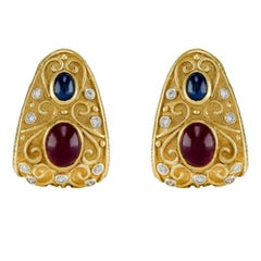 Bold Etruscan Revival 18K Gold Earrings with Cabochon Rubies Sapphires & Diamond