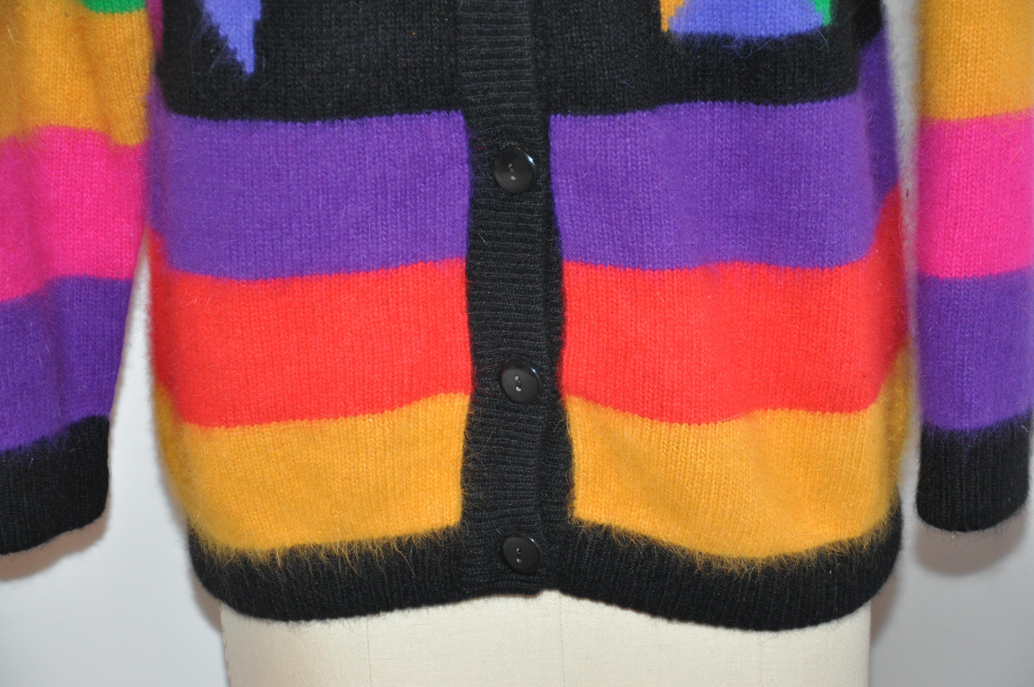 Bold Eye-Popping Abstract Color Block Angora & Lambswool Button Front Sweater For Sale 2