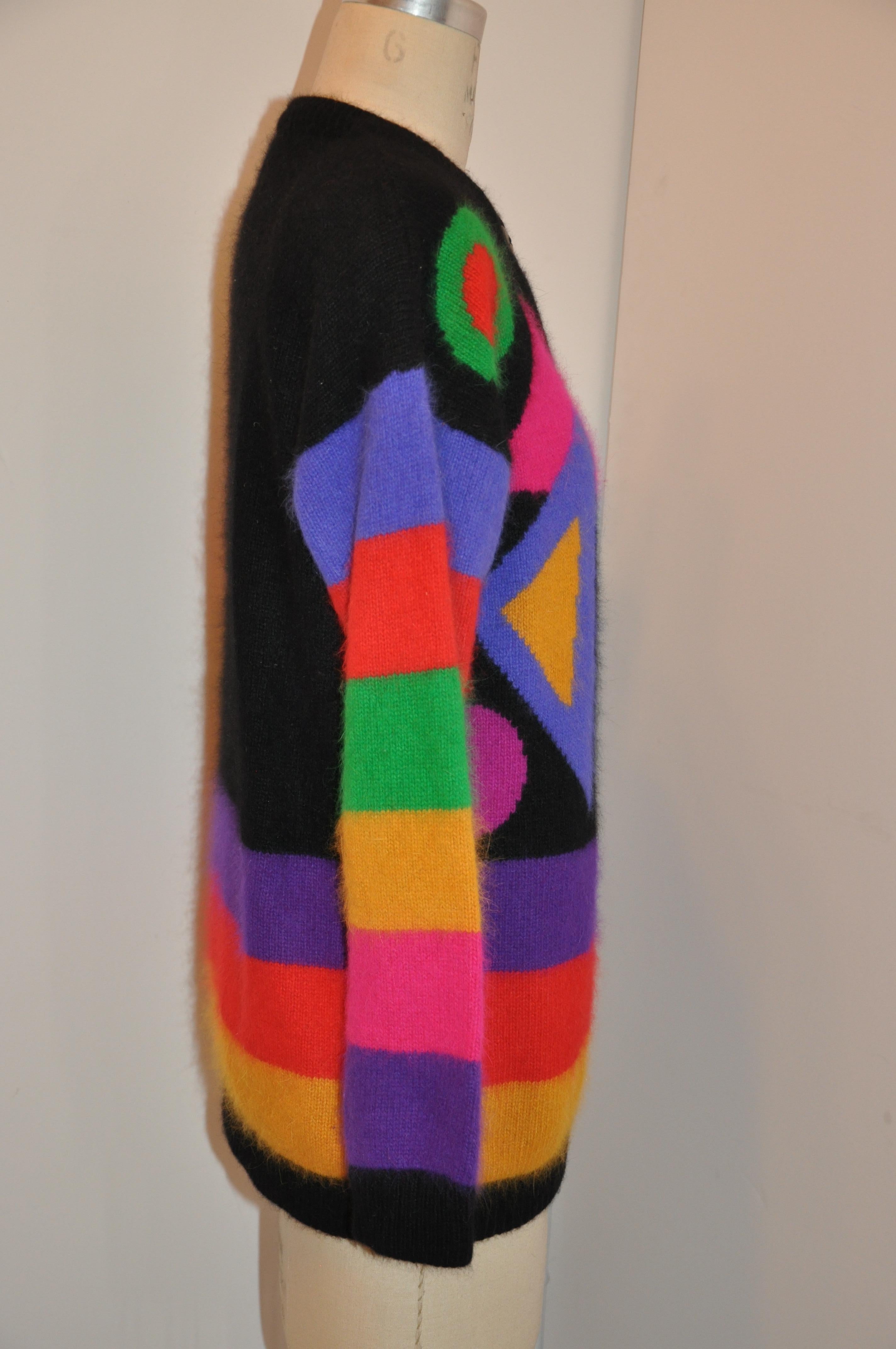 Black Bold Eye-Popping Abstract Color Block Angora & Lambswool Button Front Sweater For Sale