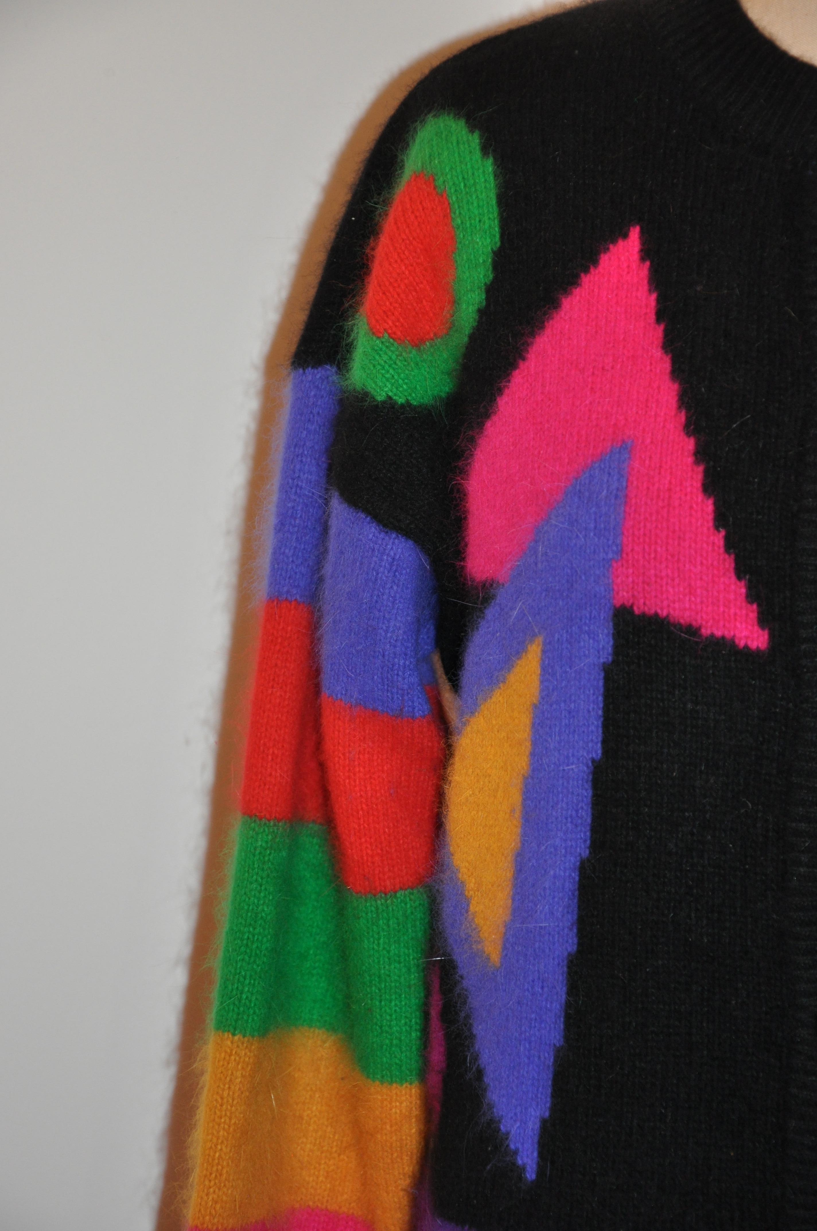 Bold Eye-Popping Abstract Color Block Angora & Lambswool Button Front Sweater For Sale 1