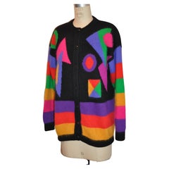 Bold Eye-Popping Abstract Color Block Angora & Lambswool Button Front Sweater