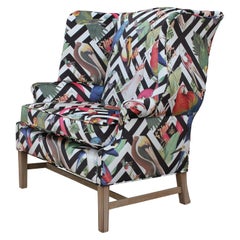 Bold Geometric Modern Tropical Bird Fabric Wingback Chair and a Half