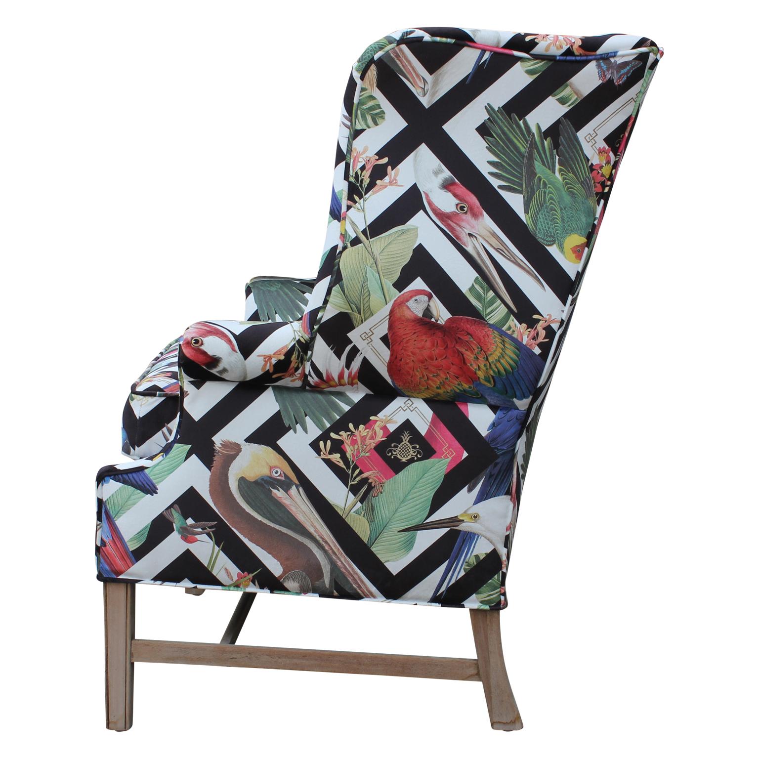 chairs with bird print fabric