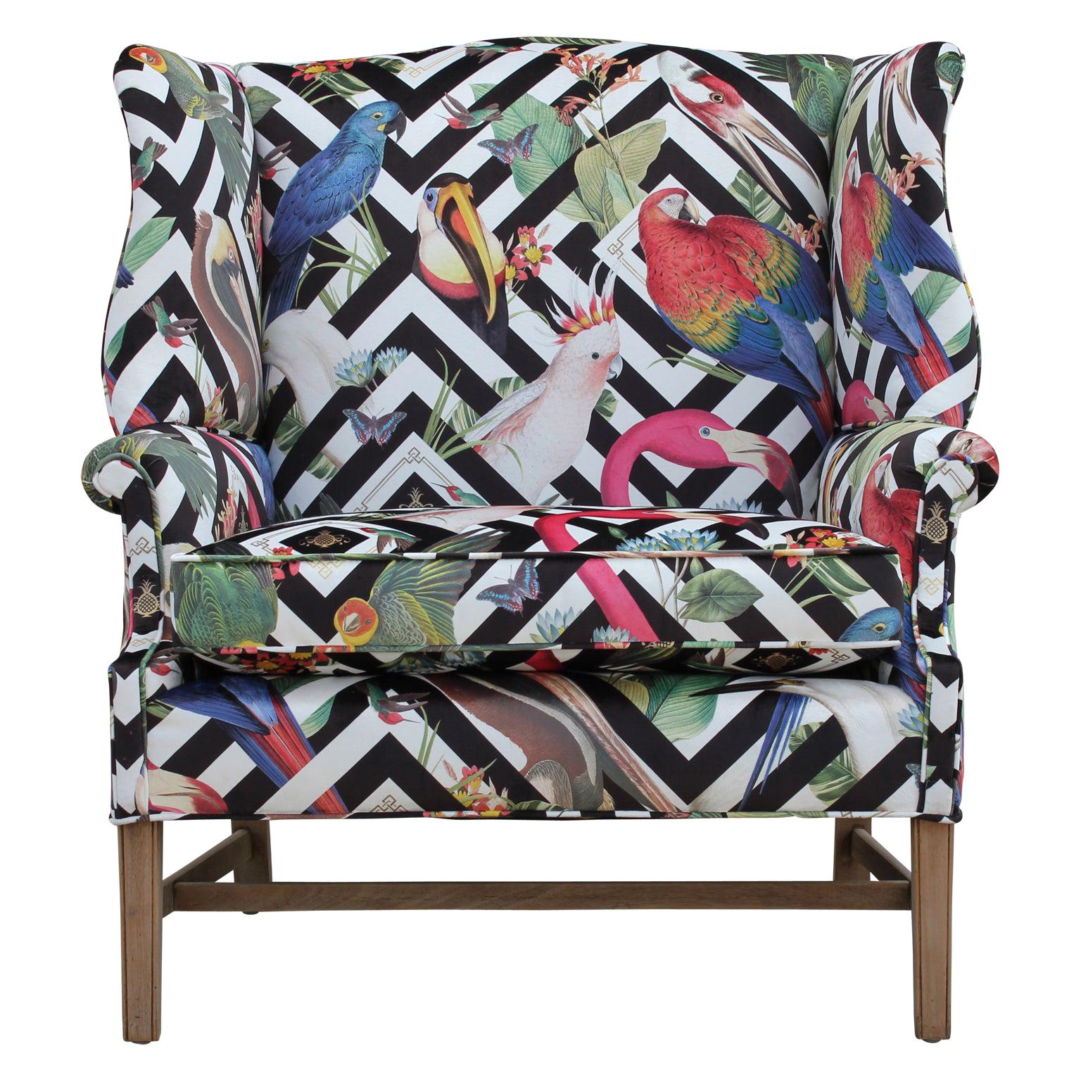 Bold Geometric Modern Tropical Bird Fabric Wingback Chair and a Half