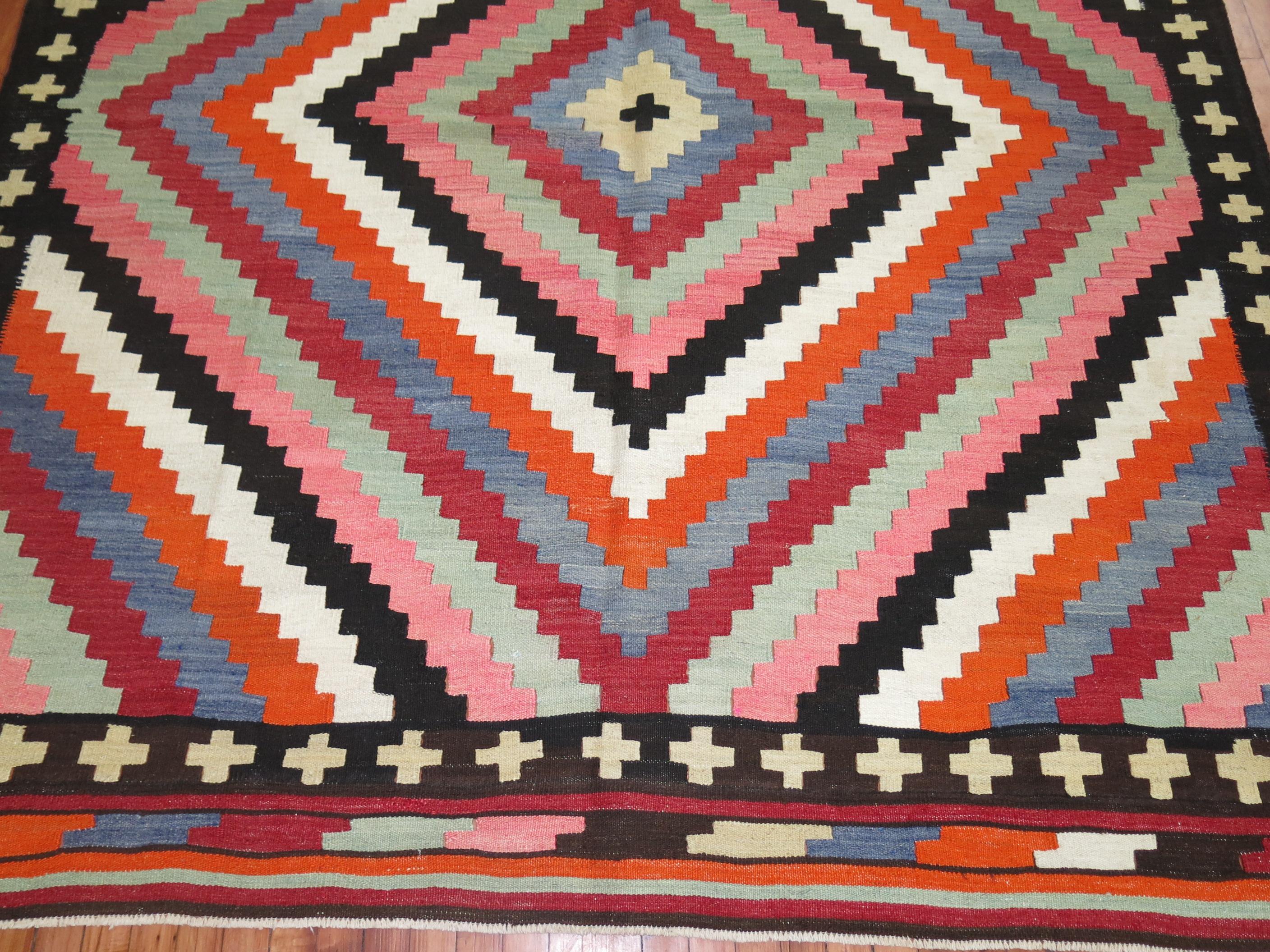 Hand-Knotted Bold Geometric Square Turkish Kilim For Sale