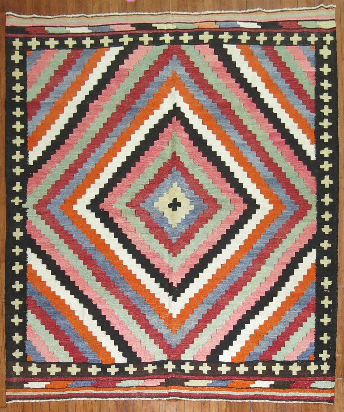 Bold Geometric Square Turkish Kilim In Good Condition For Sale In New York, NY