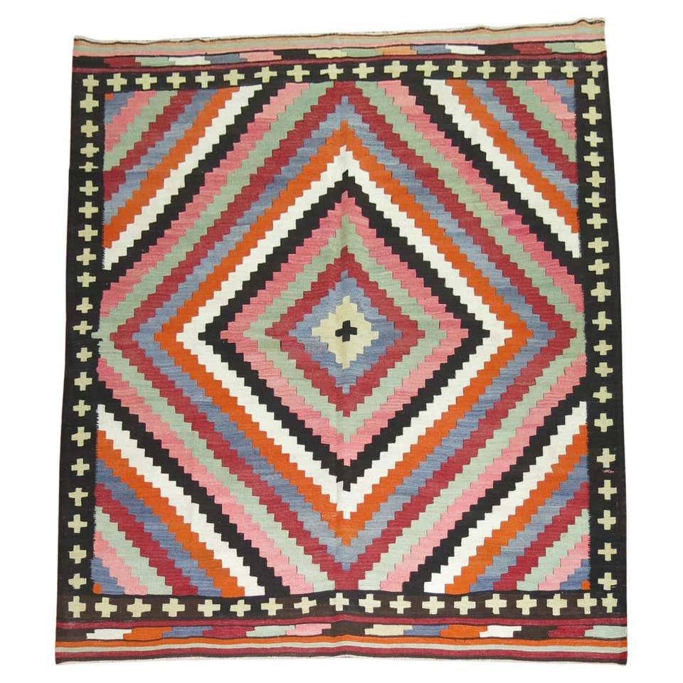 Vintage Turkish Square Kilim in Brown, with Geometric Patterns For Sale ...