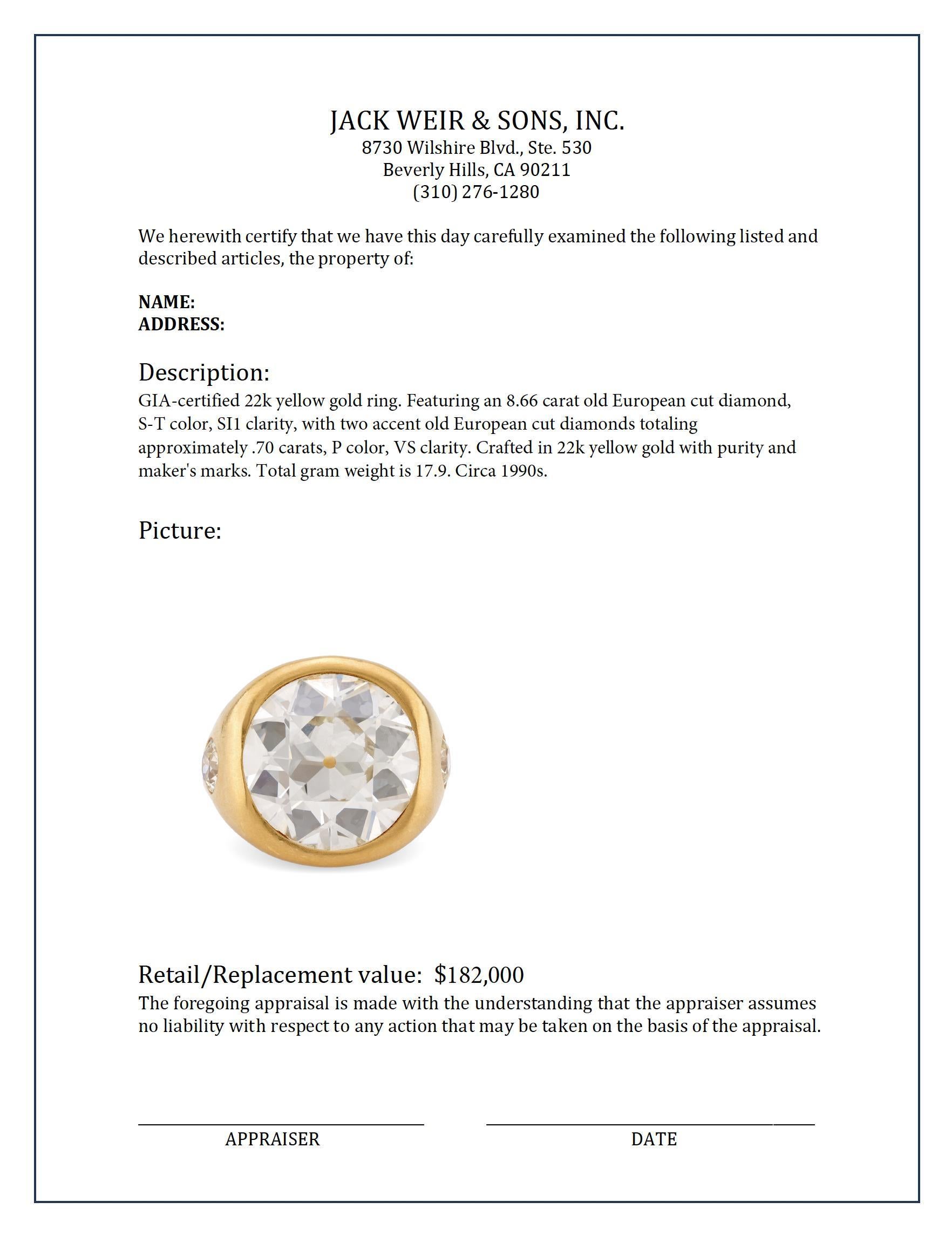 Bold GIA 8,66 Karat Diamantring aus 22 Karat Gelbgold mit alteuropäischem Schliff im Zustand „Hervorragend“ in Beverly Hills, CA