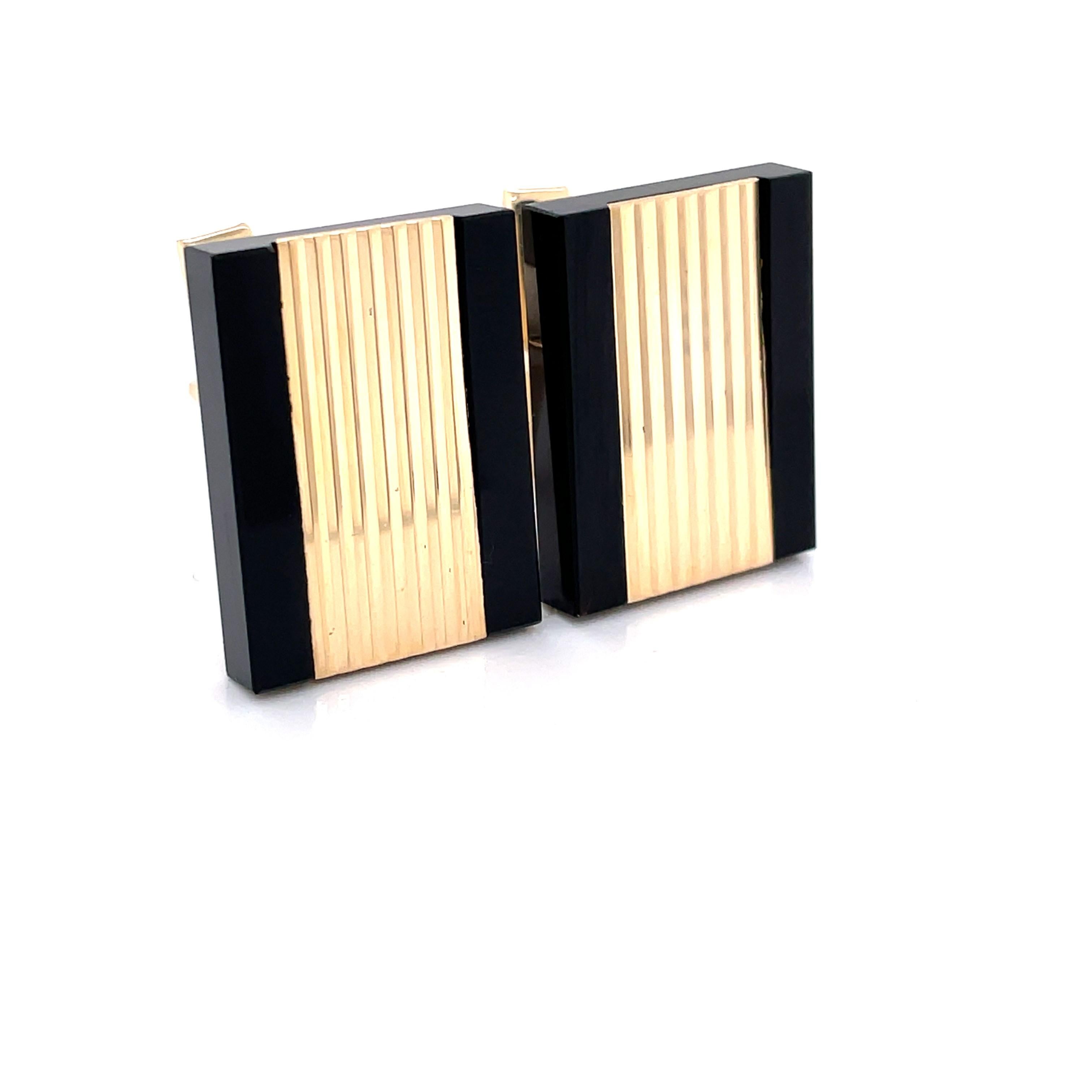 Square Cut Bold Gold Bar Cuff Links with Black Onyx For Sale