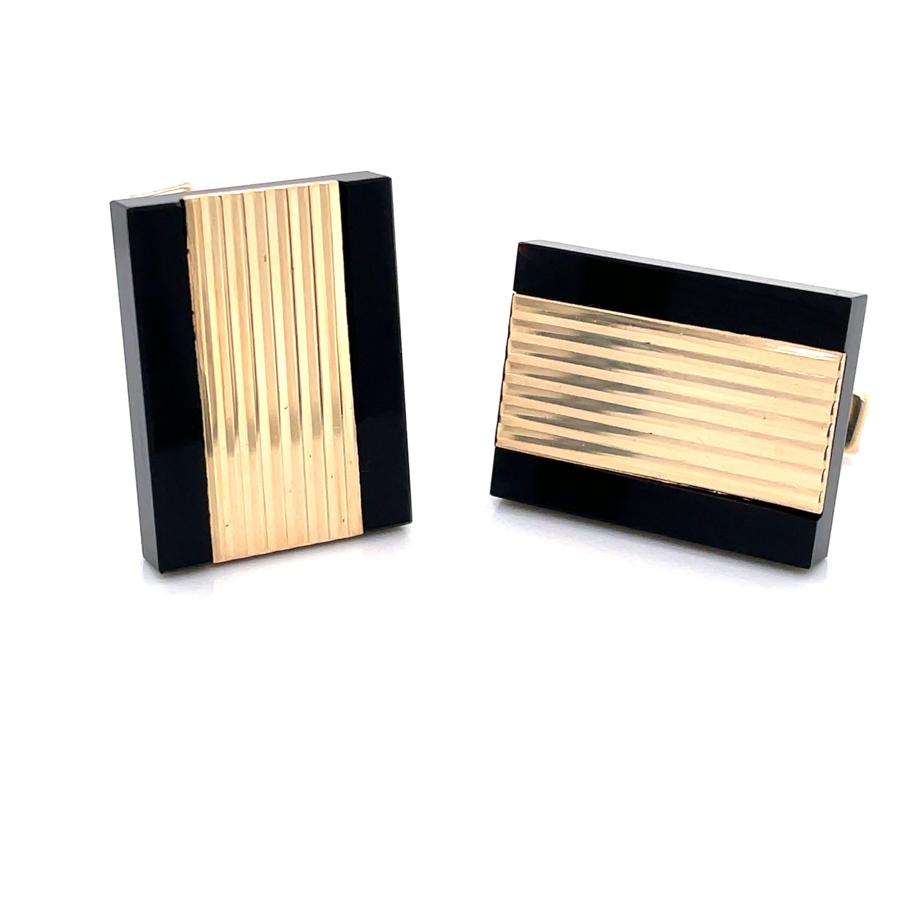 Bold Gold Bar Cuff Links with Black Onyx For Sale 2