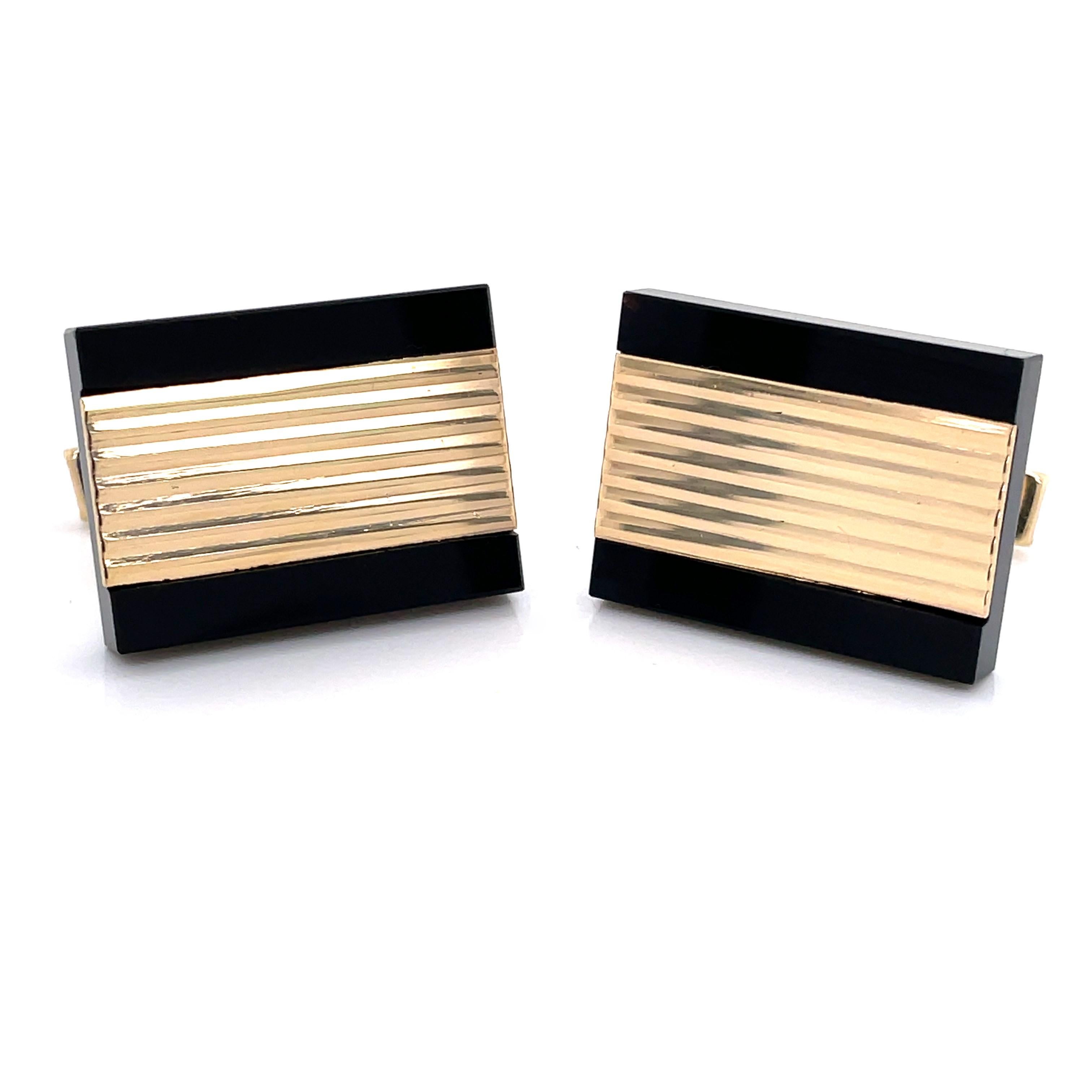 Bold Gold Bar Cuff Links with Black Onyx For Sale 3