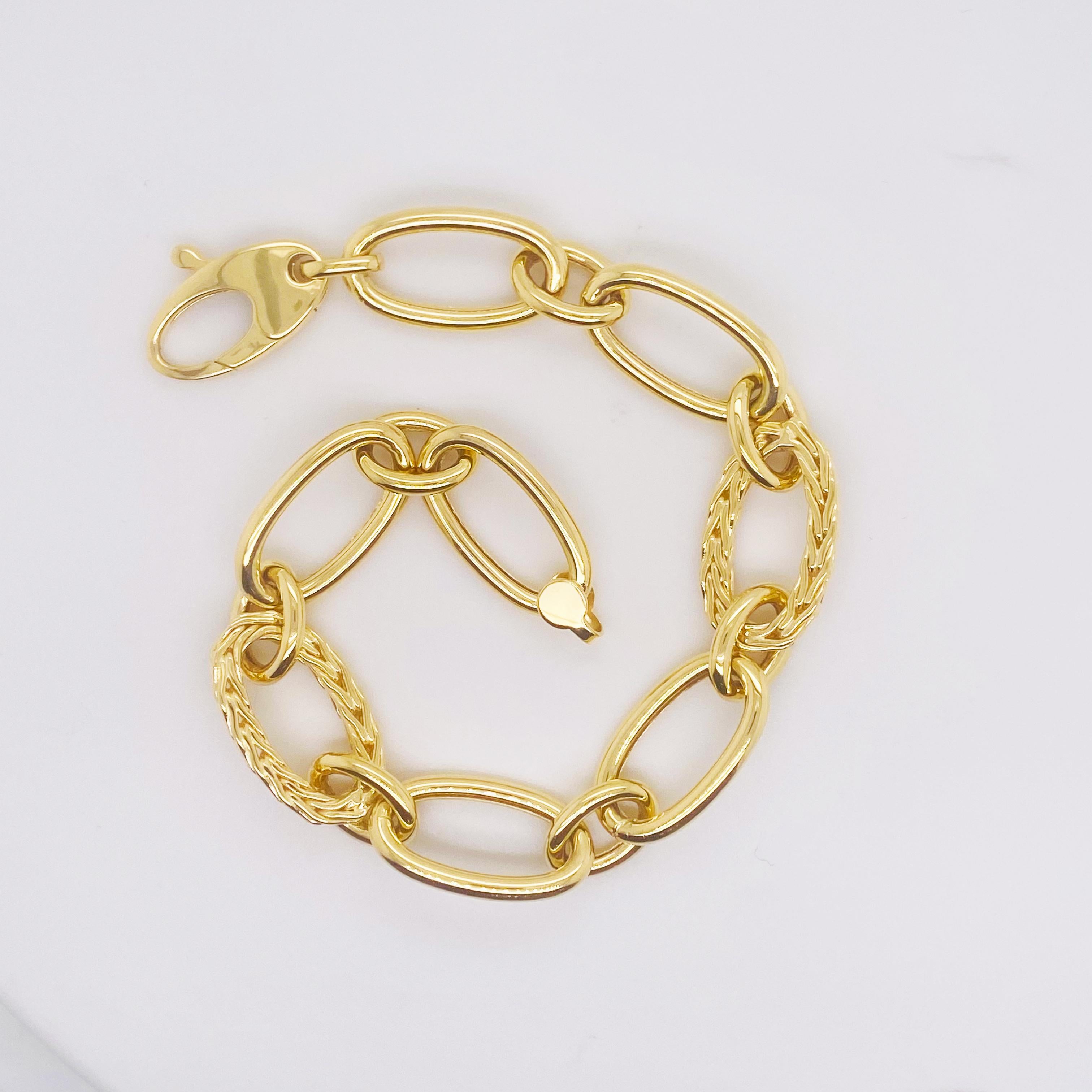 This 14 karat yellow gold bold gold bracelet makes a statement! Feel like a million dollars when you wear this link bracelet! 
2 Wheat Chain Links
13 High-Polished Links
Material: 14K Yellow Gold 
Width: 1mm wide 
Gram Weight: Approximately 12.5
