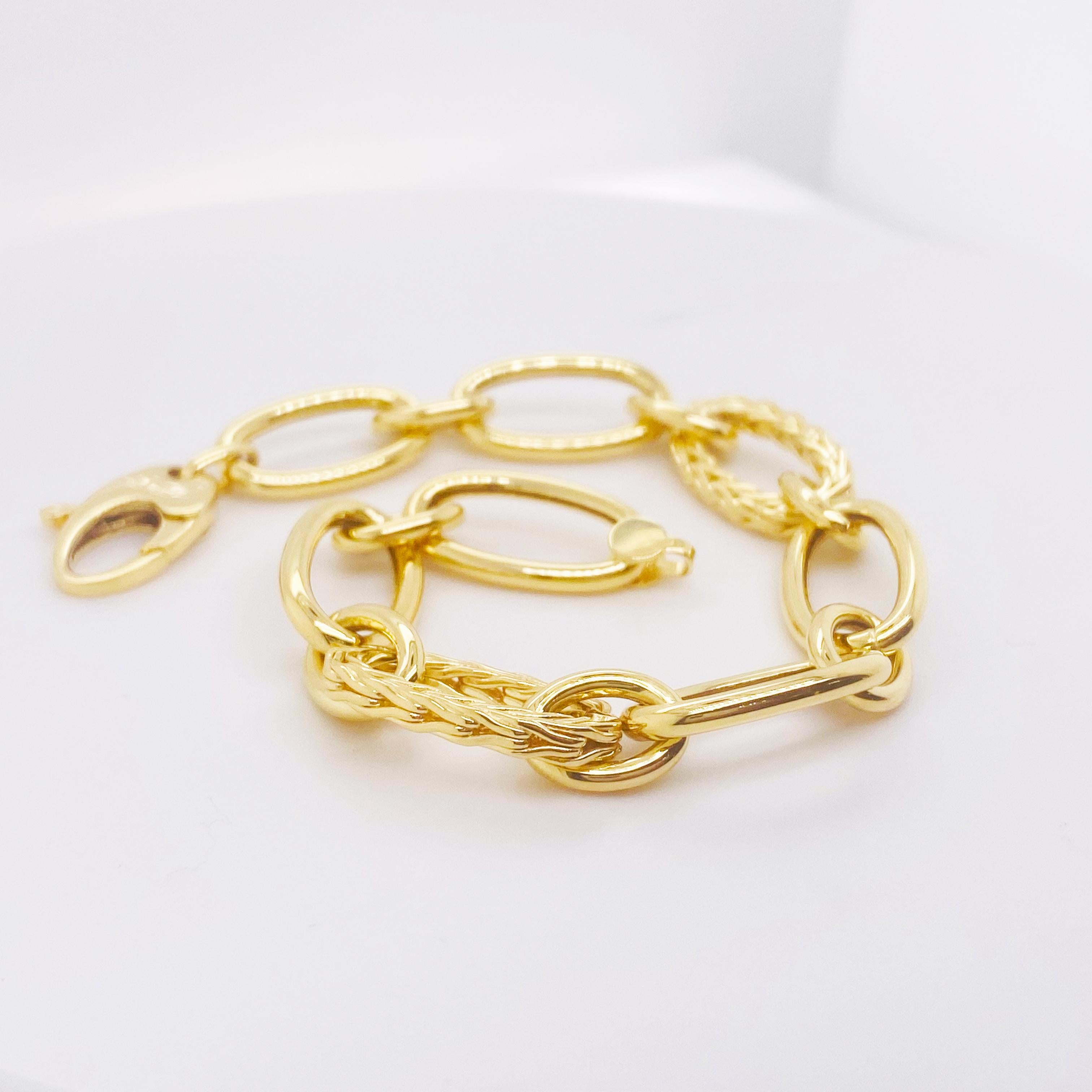 Modern Bold Gold Bracelet w Wheat & Polished Links in 14K Yellow Gold For Sale