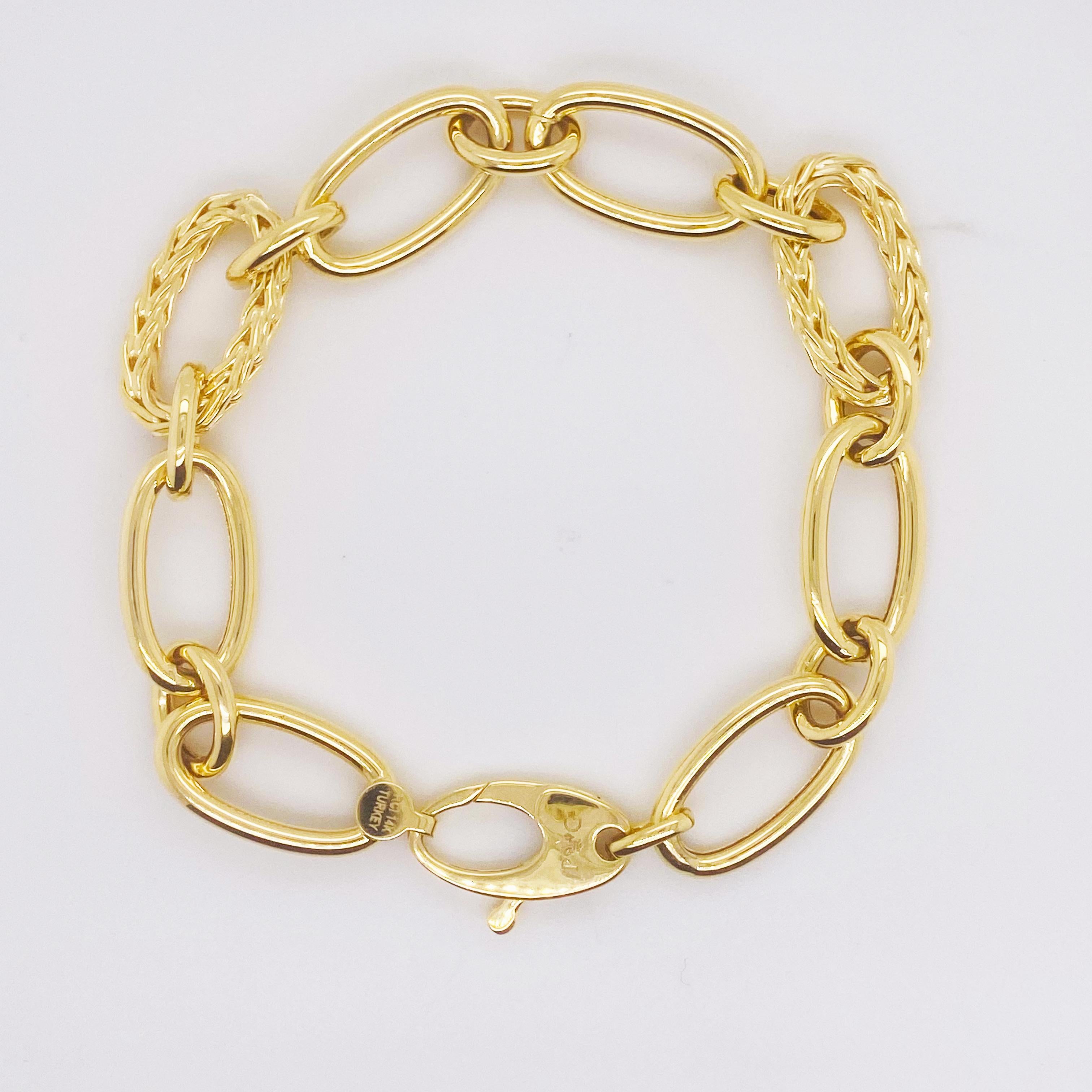 Bold Gold Bracelet w Wheat & Polished Links in 14K Yellow Gold In New Condition For Sale In Austin, TX