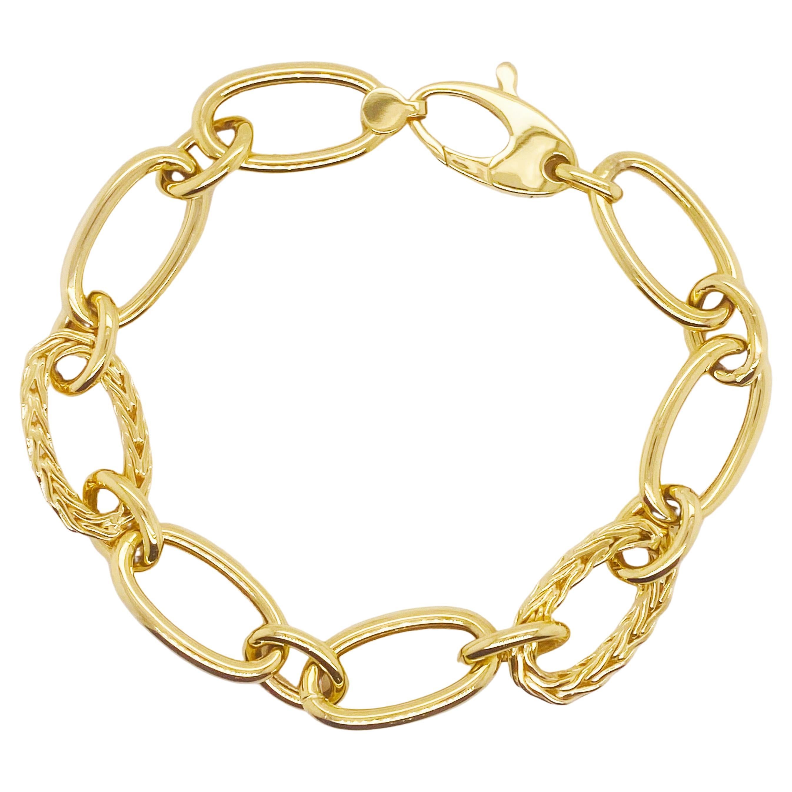 Bold Gold Bracelet w Wheat & Polished Links in 14K Yellow Gold