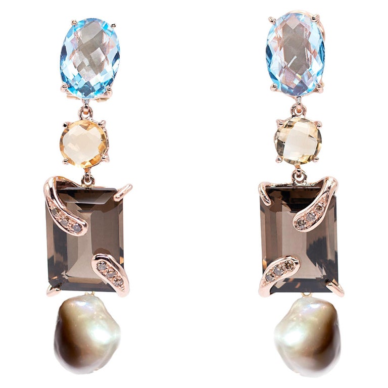Limited Edition Bold Gold Topaz Citrine Diamonds Dangle Handcrafted Earrings For Sale at 1stDibs