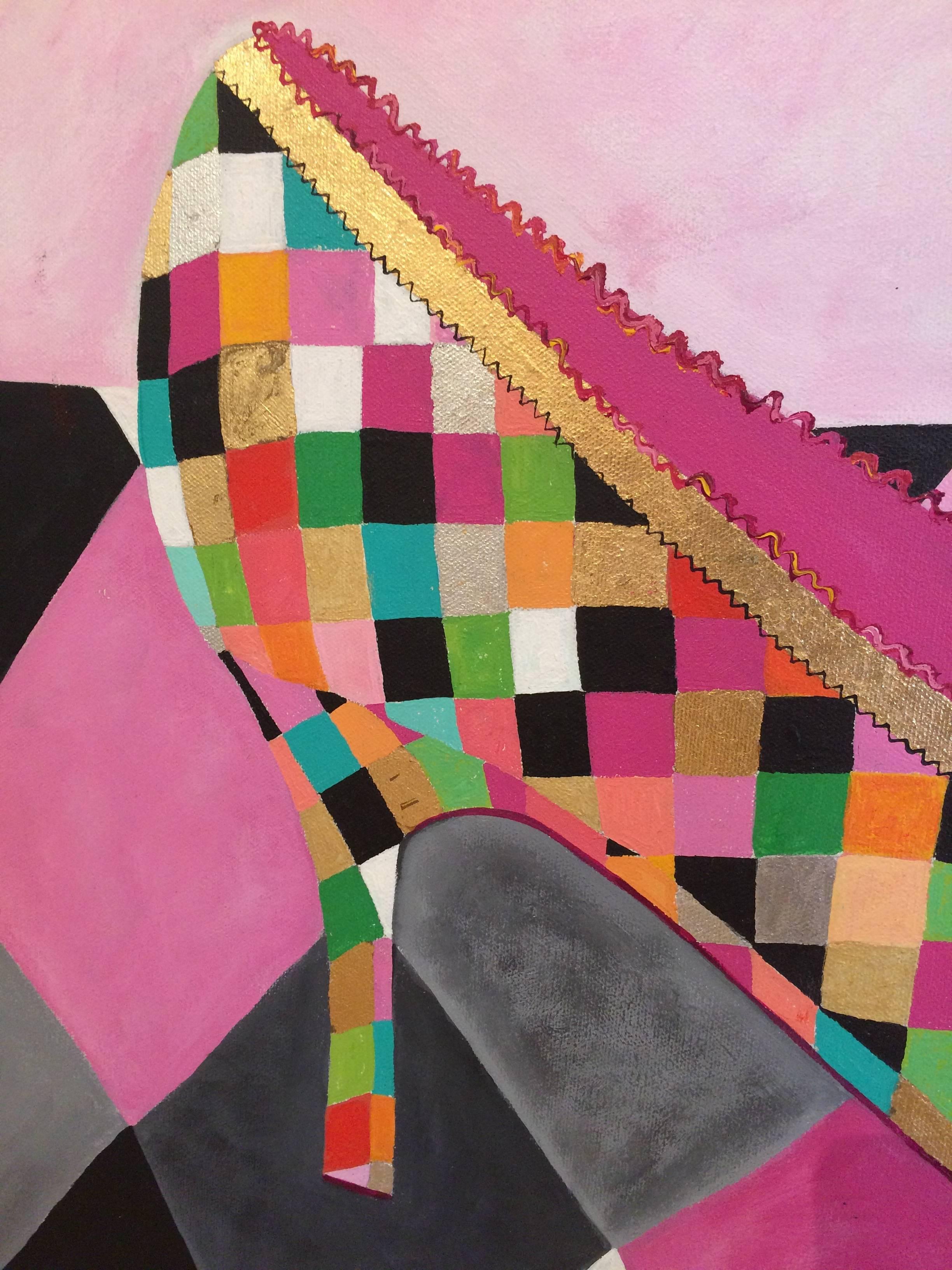 A bold fun contemporary acrylic painting on canvas of a checkerboard high heeled shoe against a 