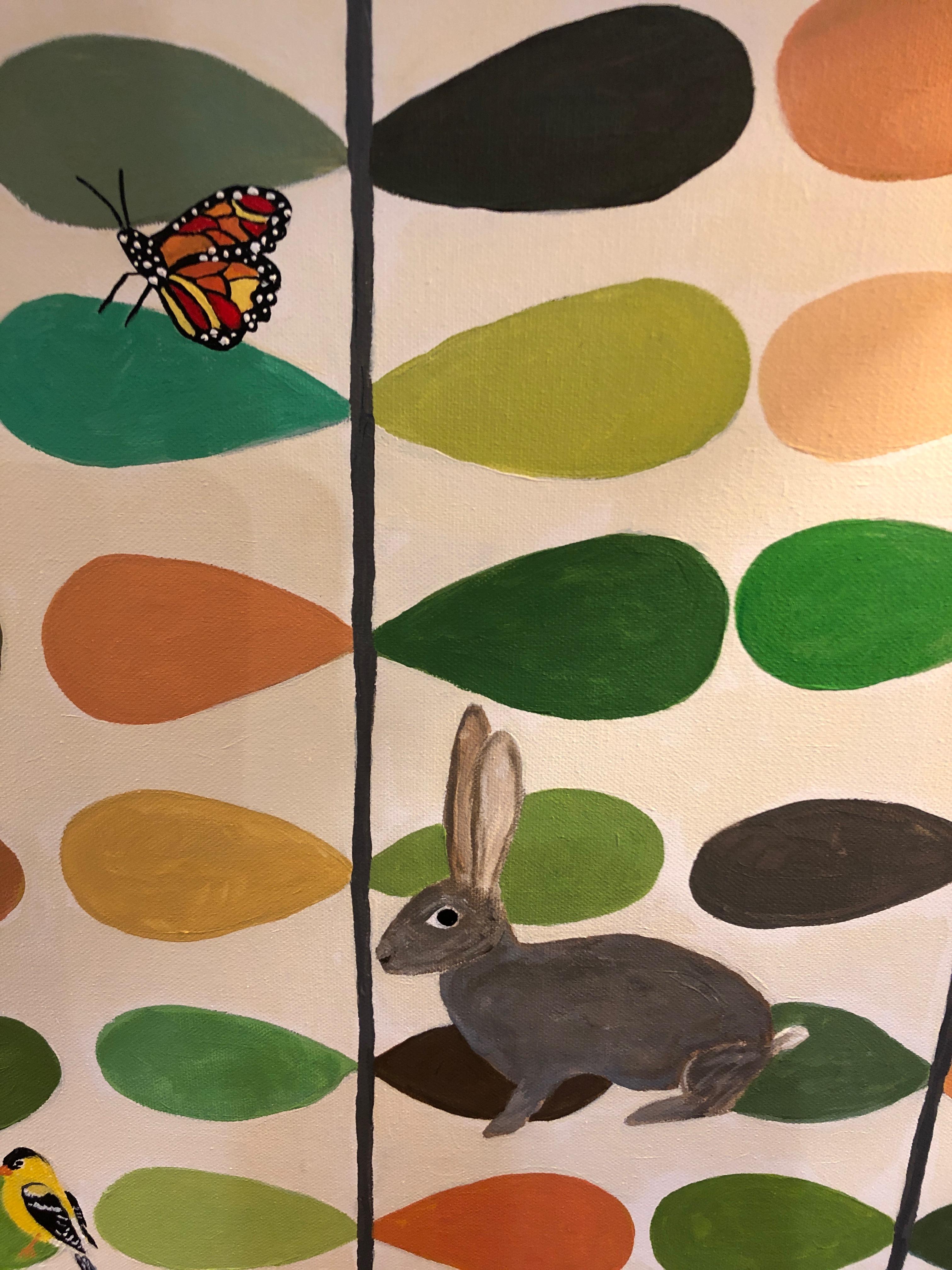 Creative rendering of a geometric fresh leafy bold background pattern with spare but powerful visitors from the artist's Summer Morning walk.
Painted around the edges so framing optional. Wired and ready to hang.