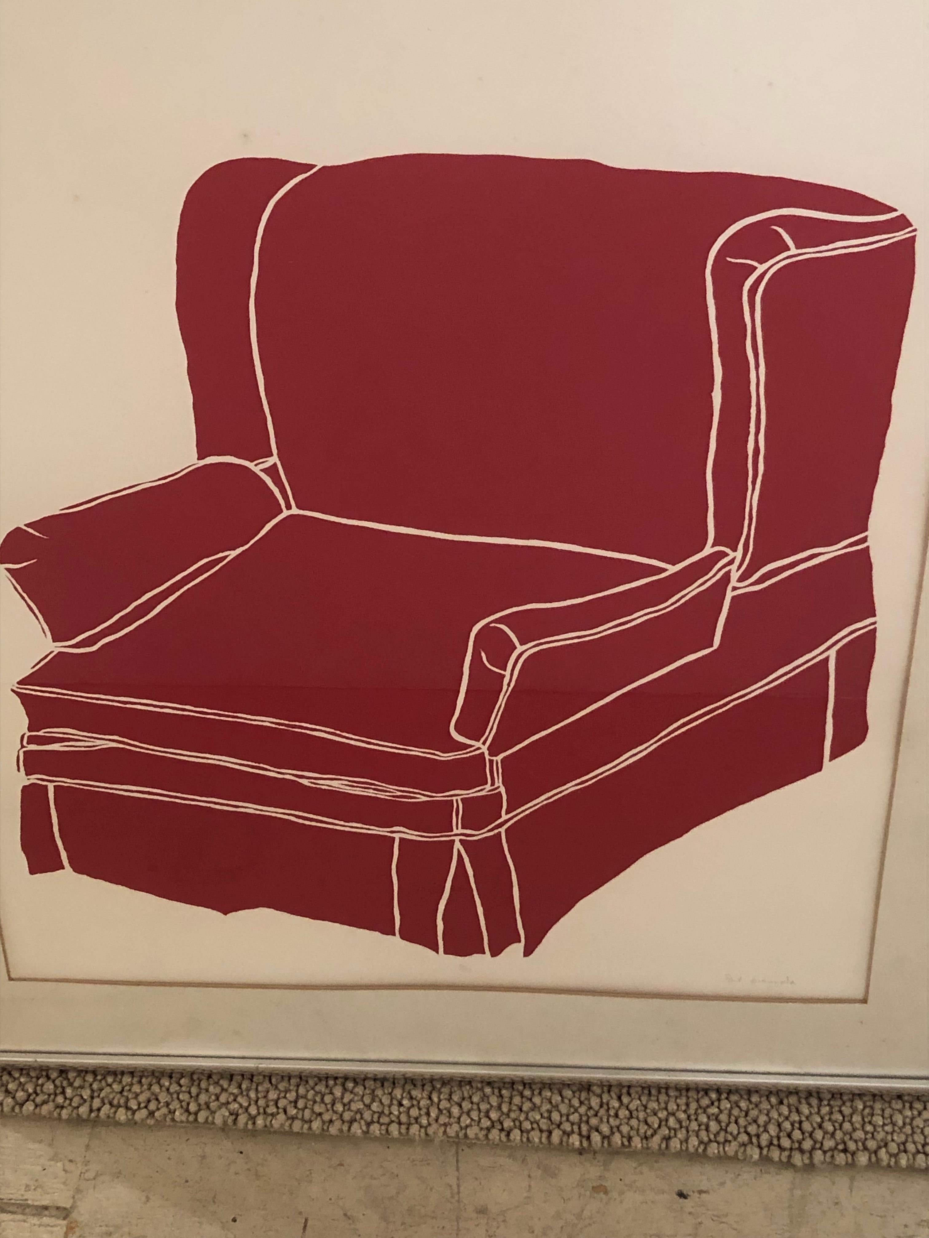 Signed and numbered silkscreen print of a red club chair, #9/12, by NJ contemporary artist Paul Giancola.  The flattened perspective and simple lines are reminiscent of illustrationm art and very striking.  Recommend re-matting and new glass.
