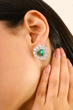 Bold Heart-Cut Green Stone with Sparkling Zircon Stud Silver Earrings for Gifts