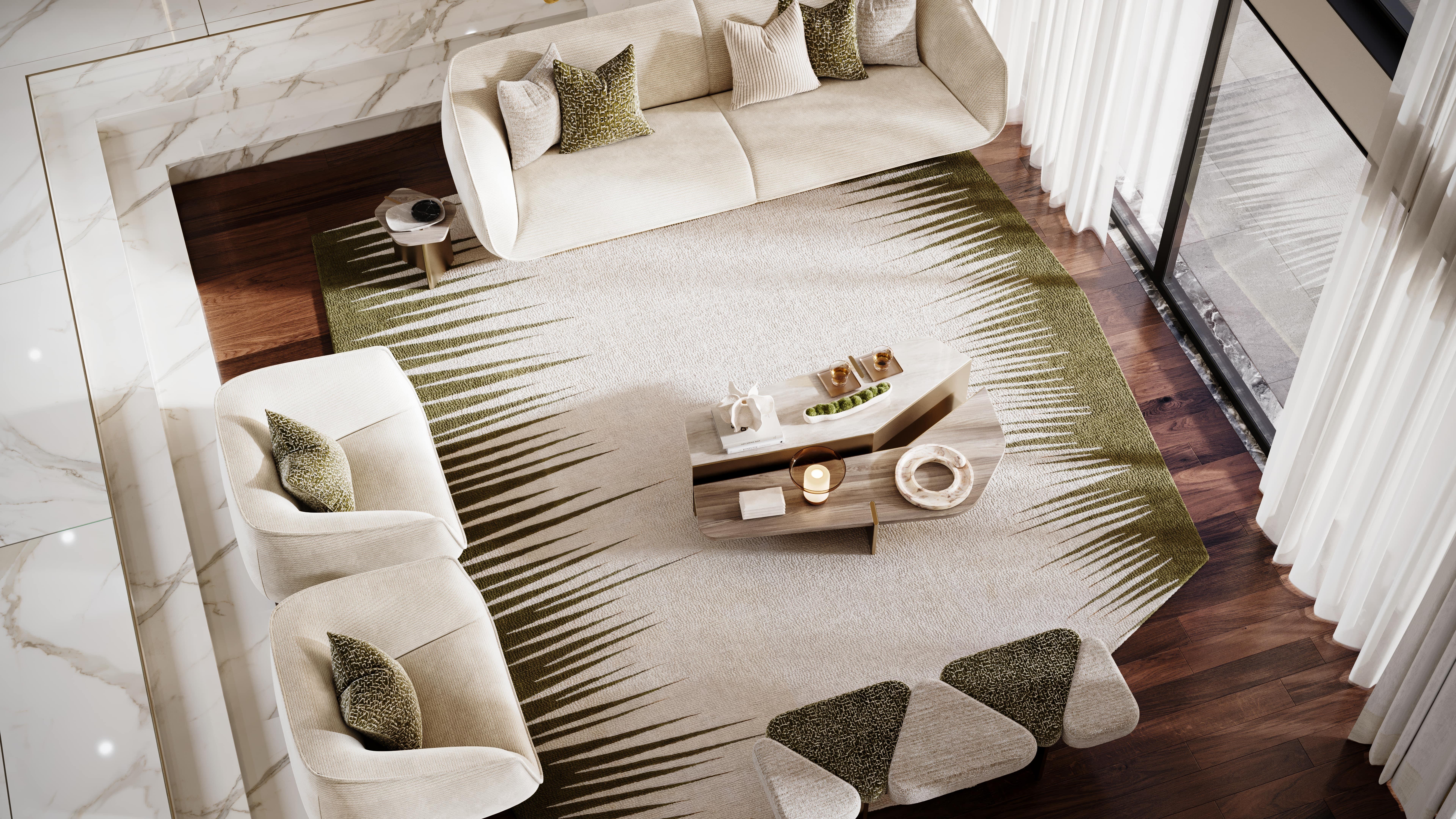 Horizon rug flows like a clearing framed by wild nature—its irregular form echoing the untamed rhythm of the natural world. Soft light brown tones ground the center like sun-warmed earth, while deep forest green forms branch-like spikes along the