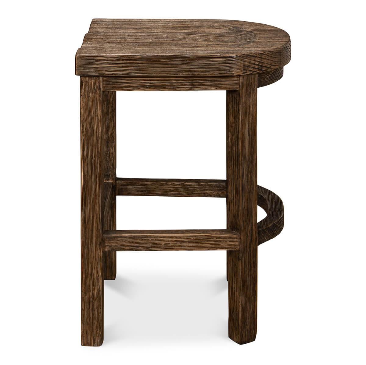 Bold Industrial counter stool, made of New Zealand Pine, the stool in a brown husk finish with a saddle seat for comfort on square column legs with a stretcher.

Dimensions: 19