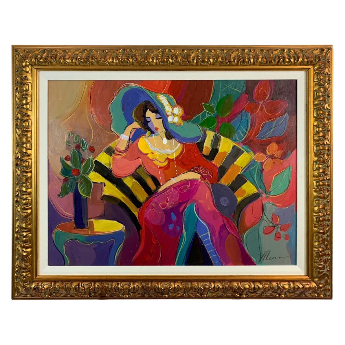 Bold Isaac Maimon Original of Sitting Woman in Yellow & Black Striped Chair For Sale