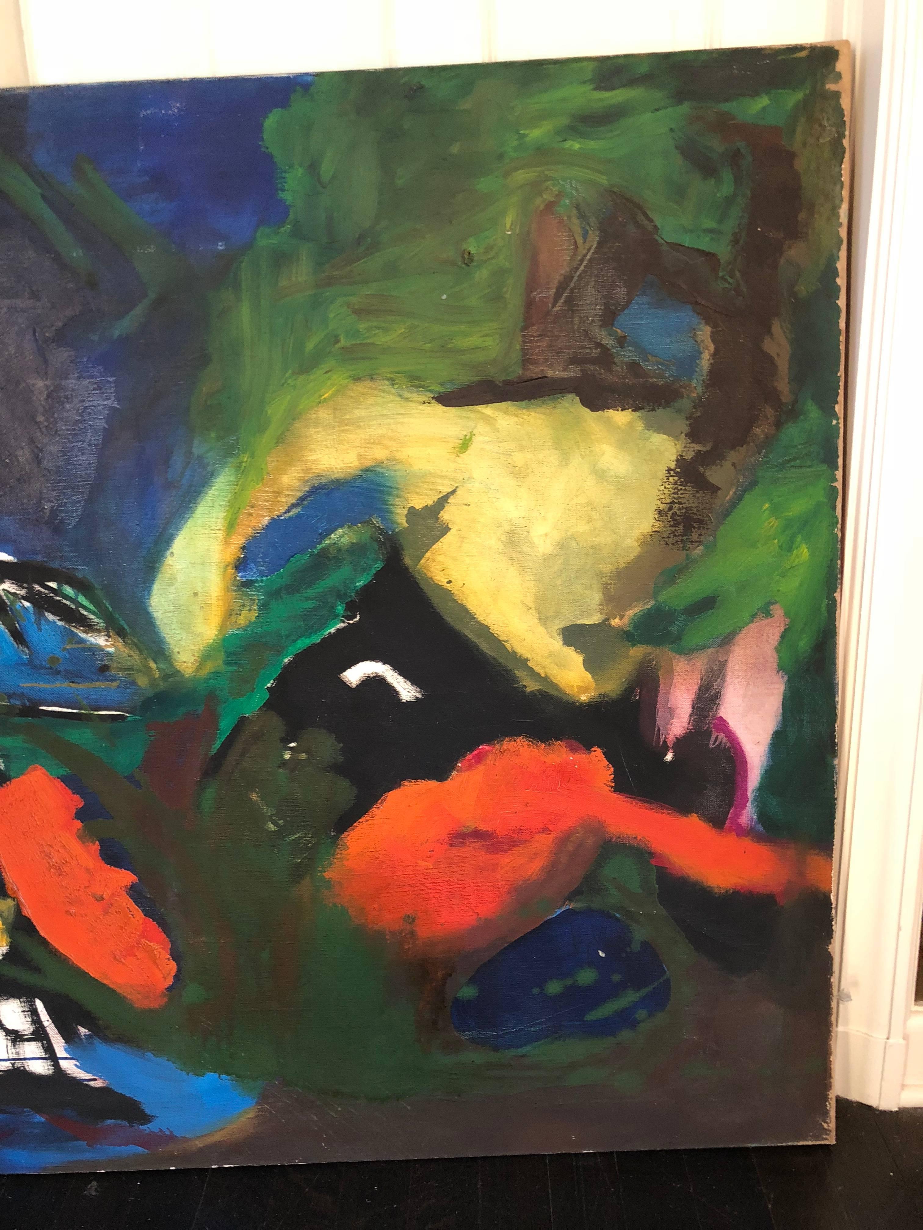 Large striking 1960s abstract entitled “Metamorphosis” with vibrant use of color and texture. Painting is wired to be hung either vertically or horizontally. Unsigned. USA, excellent, 1960s.
 