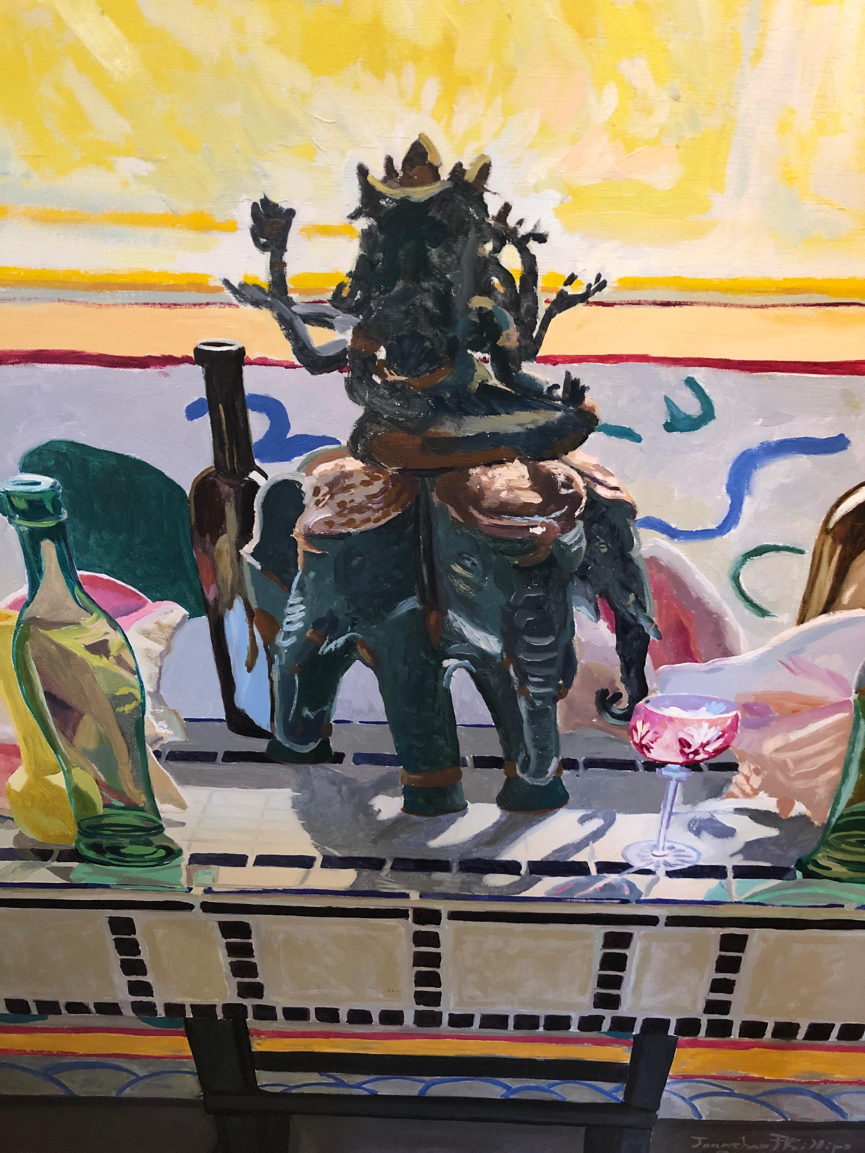 A big bold still life by Jonathan Phillips having an elephant sculpture, collection of bottles, and riot of patterns and bright colors. Signed lower right, dated 1992.